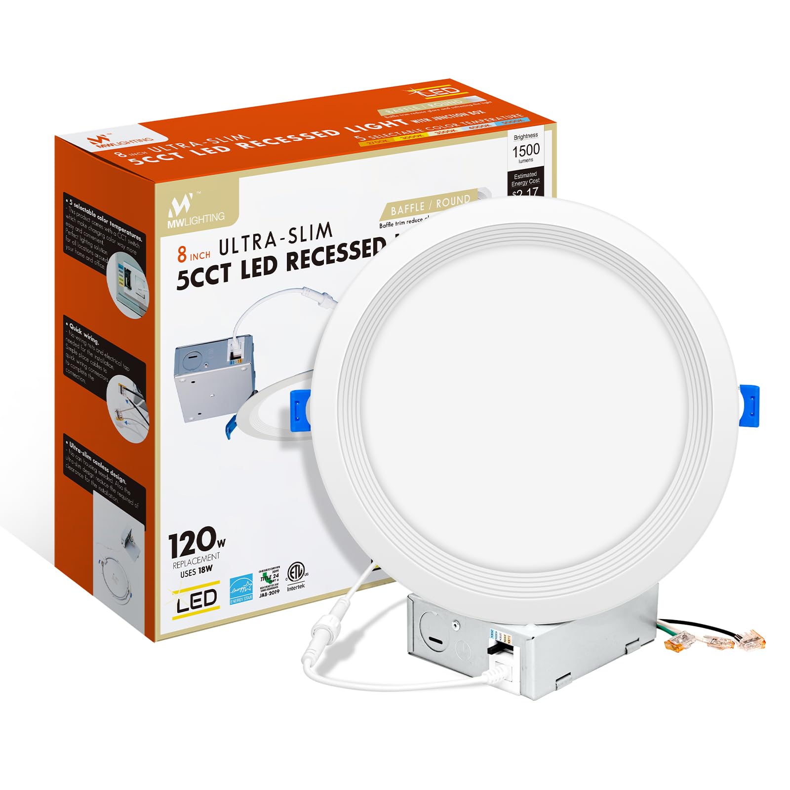 Mw 8 Inch Ultra-Thin Led Recessed Light With Junction Box,Baffle Trim, 2700/3000/3500/4000/5000K, Dimmable, 1500Lm, Energy Star