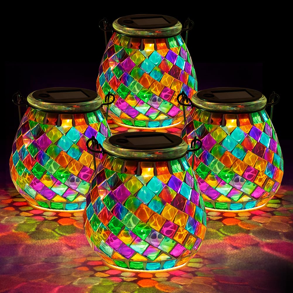 Stargarden 4 Pack Mosaic Solar Lanterns Outdoor Waterproof, Colorful Glass Hanging Lantern Decorative Solar Lights for Yard, Pat