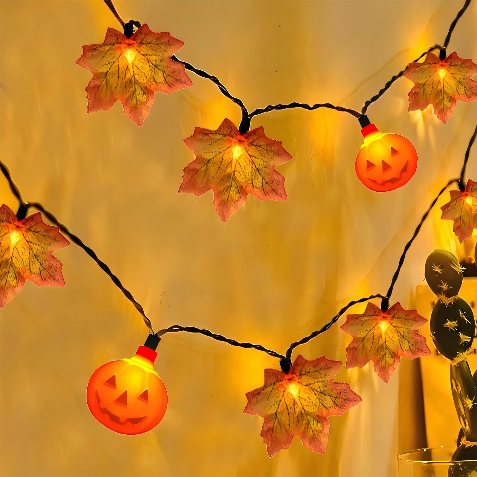 13.6Ft Fall Decor Maples Leaf & Pumpkin String Lights, Hanging Outdoor Thanksgiving Decorations Lights With 25 Maple Leaves Lights And 10 Pumpkin Lights For Thanksgiving Harvest Halloween Porch Window