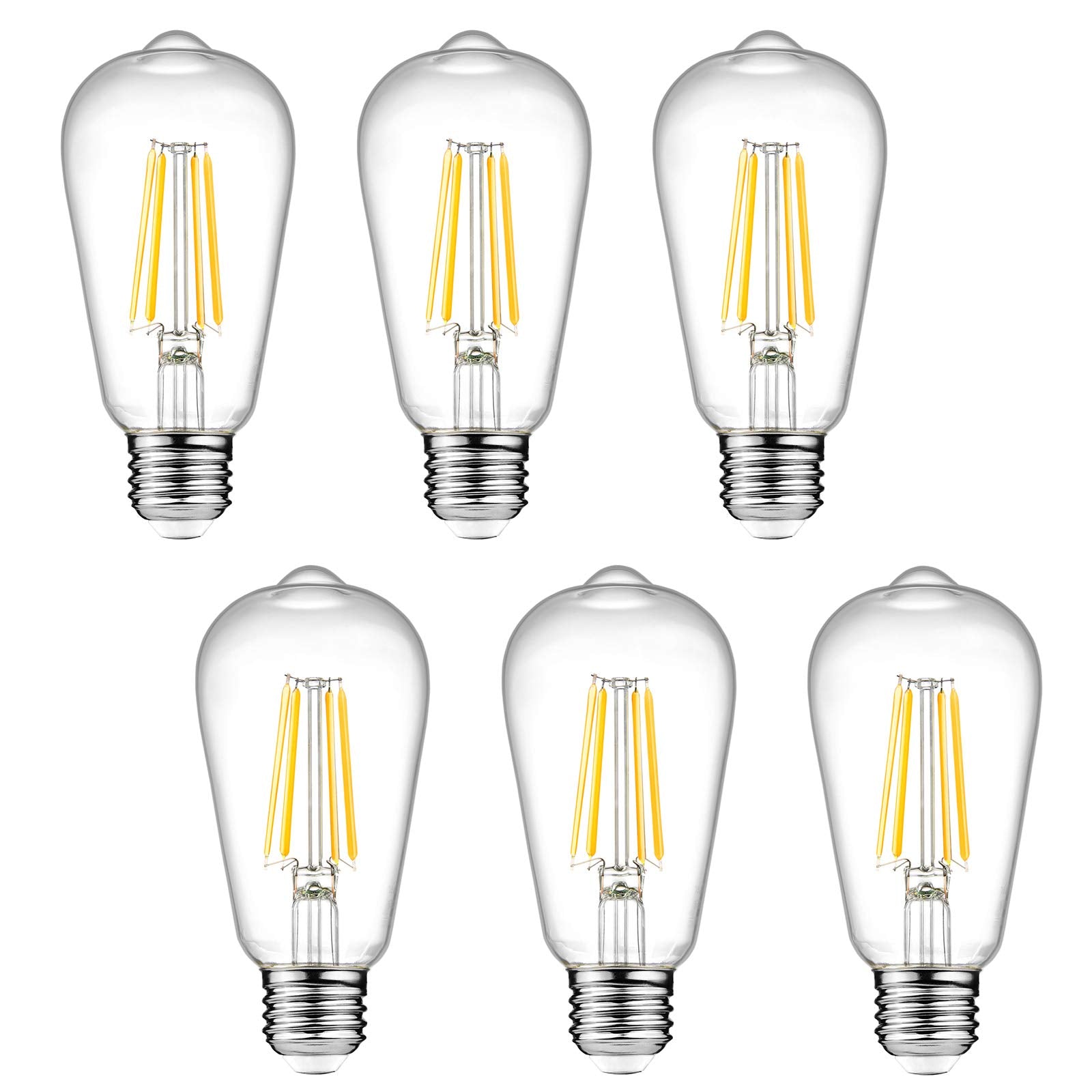 Ascher Vintage LED Edison Bulbs, 6W Equivalent, Warm White 2700K, ST58, Glass, Pack of 6