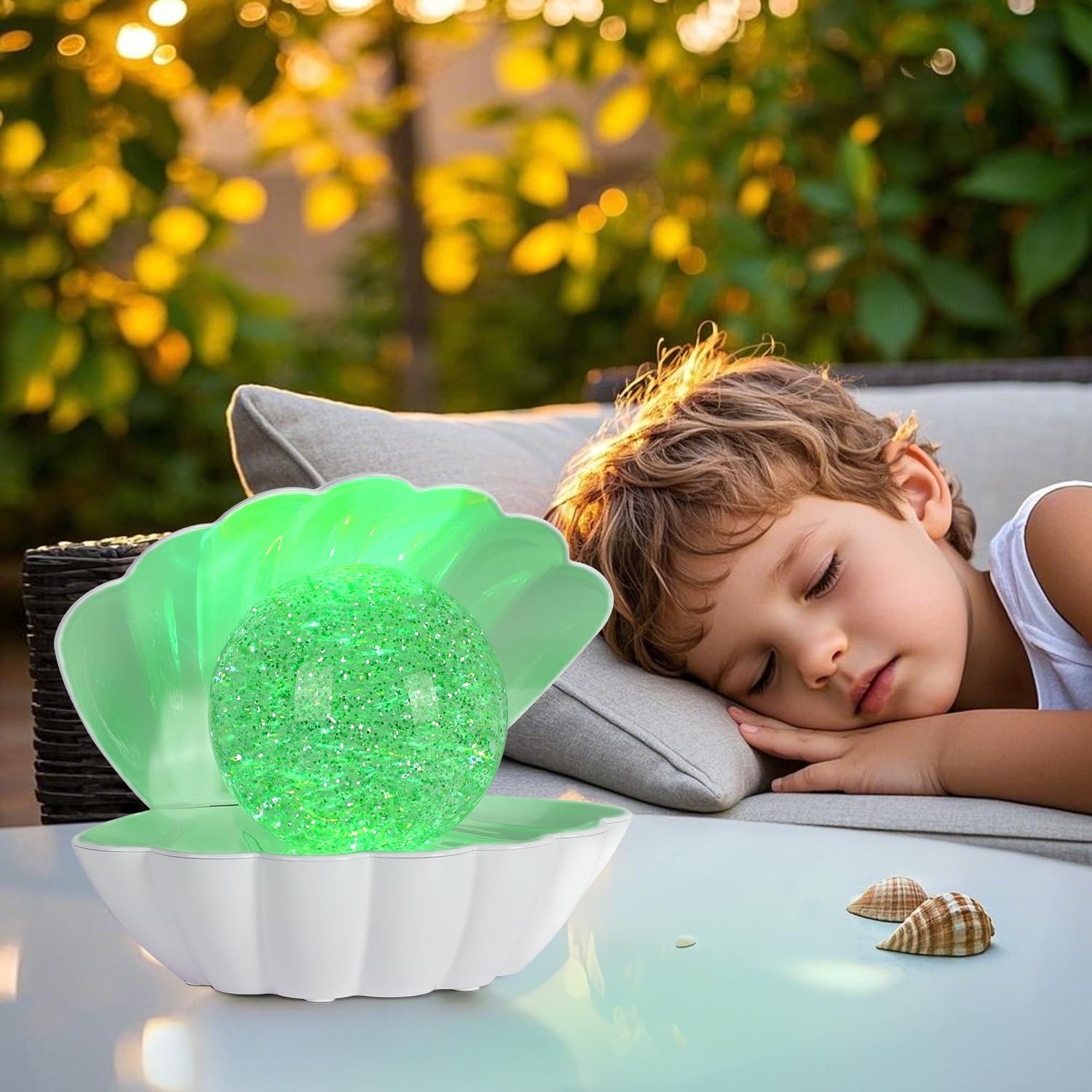 LKUA Night Light, RGB Color Changing Shell Pearl Lamp, Portable Clamshell Design, Large White Shell, Model L-221