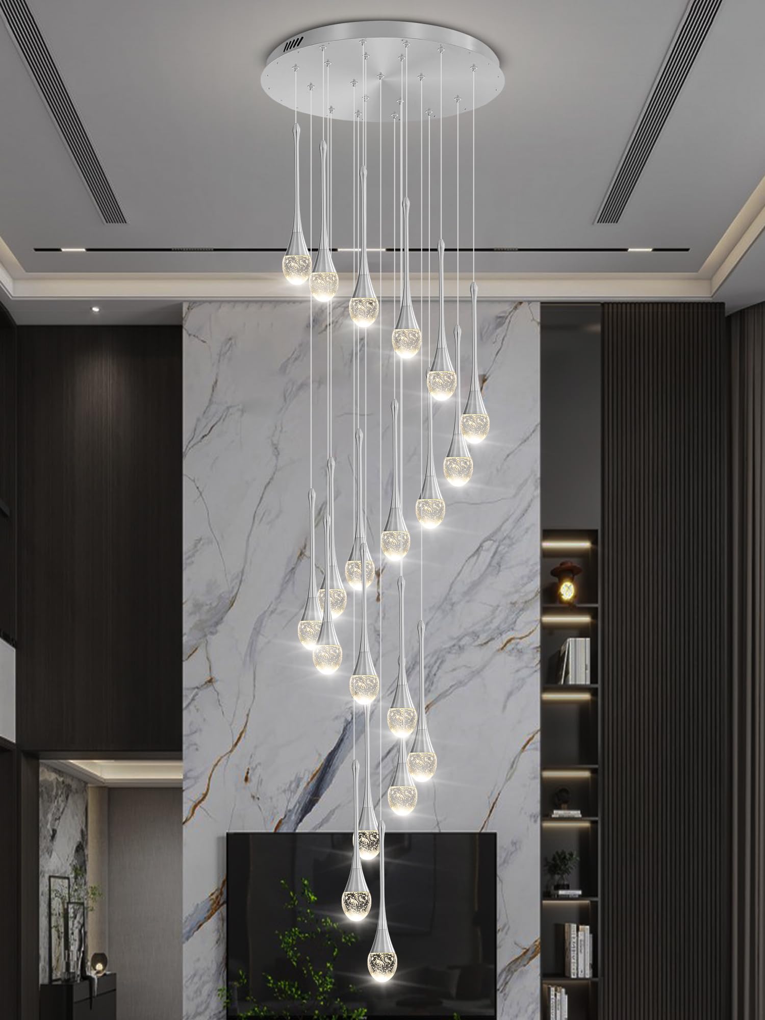 ykolupty Raindrop Crystal Chandelier, 138'' High Ceiling Pendant Light, 20-Lights, LED 2700-6000K, Silver Finish