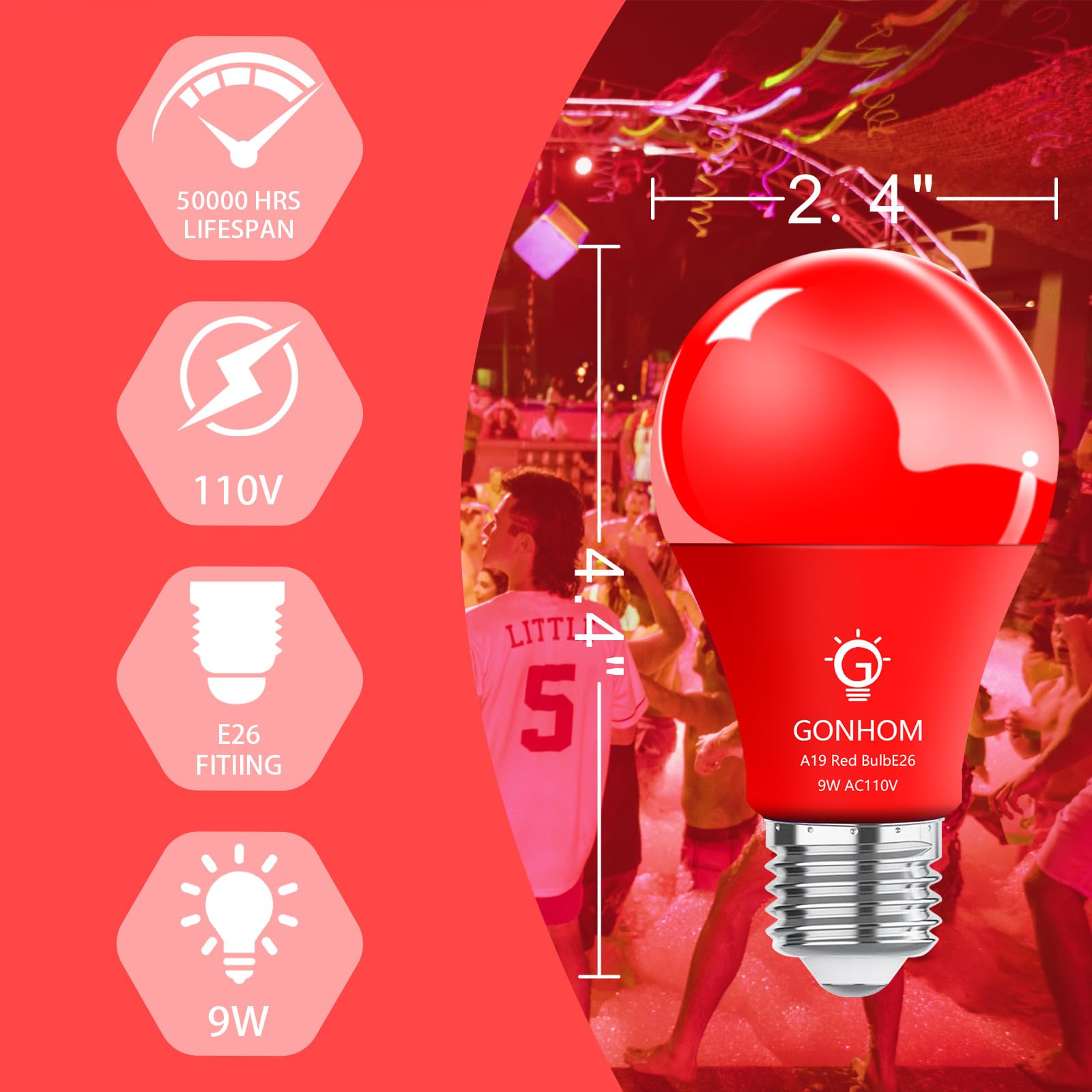 Gonhom 4 Pack Red Led Light Bulbs, 9W Equivalent, E26 Base For Holiday & Decorative Lighting