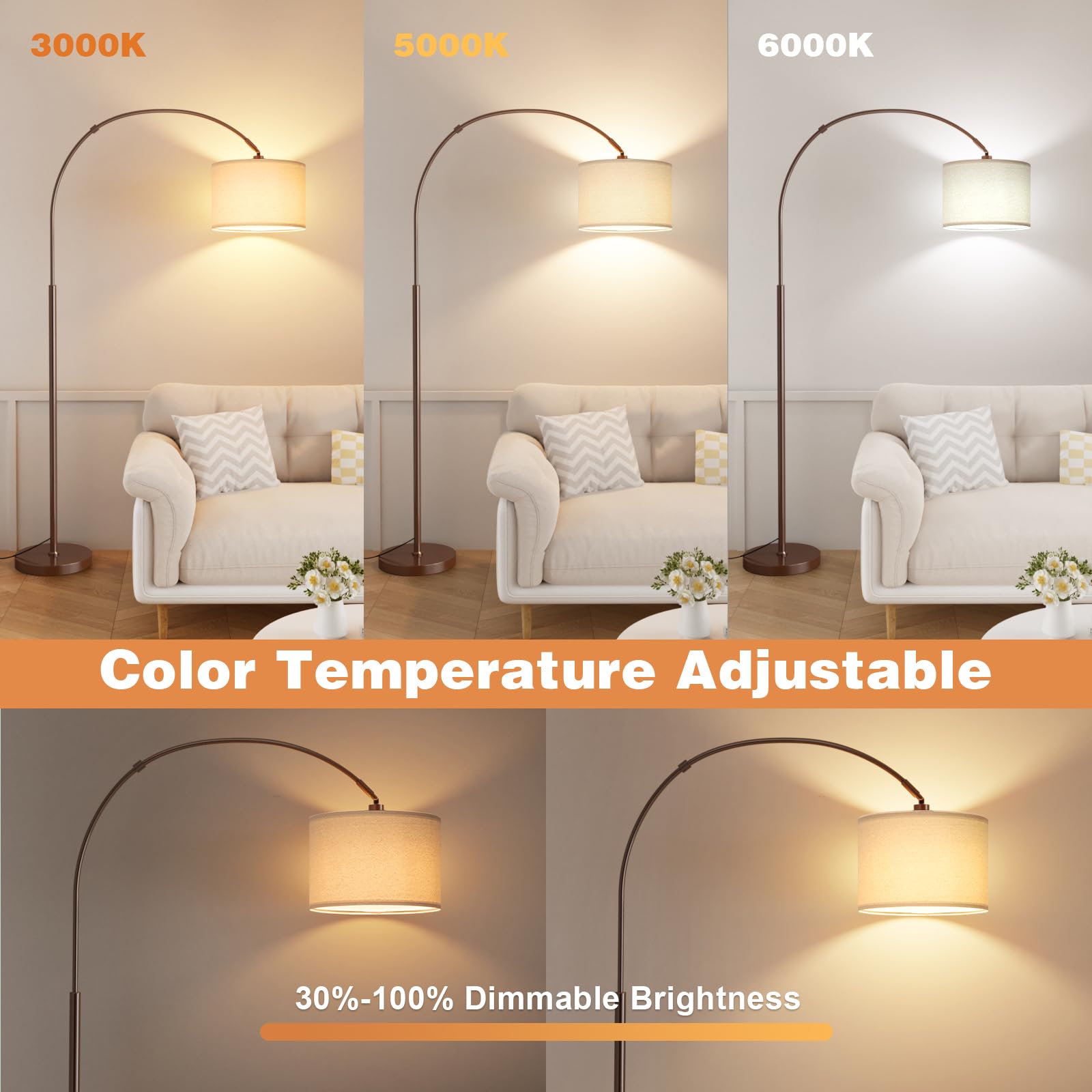 Ambimall Dimmable Arc Floor Lamp with Remote, Metal, 70.66in H x 27.95in W x 11in D, Deep Beige and Brown
