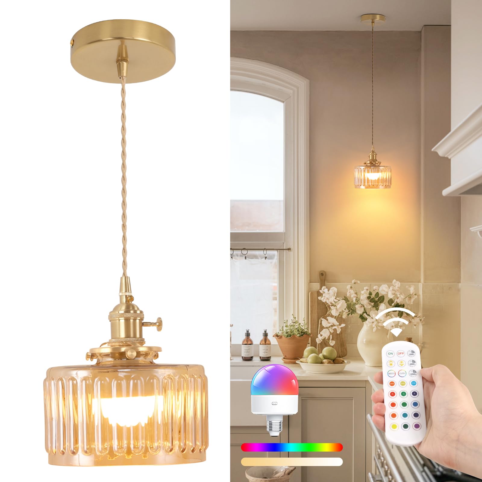 Shenmoyl Battery Operated Pendant Light 5000mAh Rechargeable Chandelier with Remote Control Wireless Adjustable Hanging Amber Banded Light for Kitchen Island Dining Room Hallway