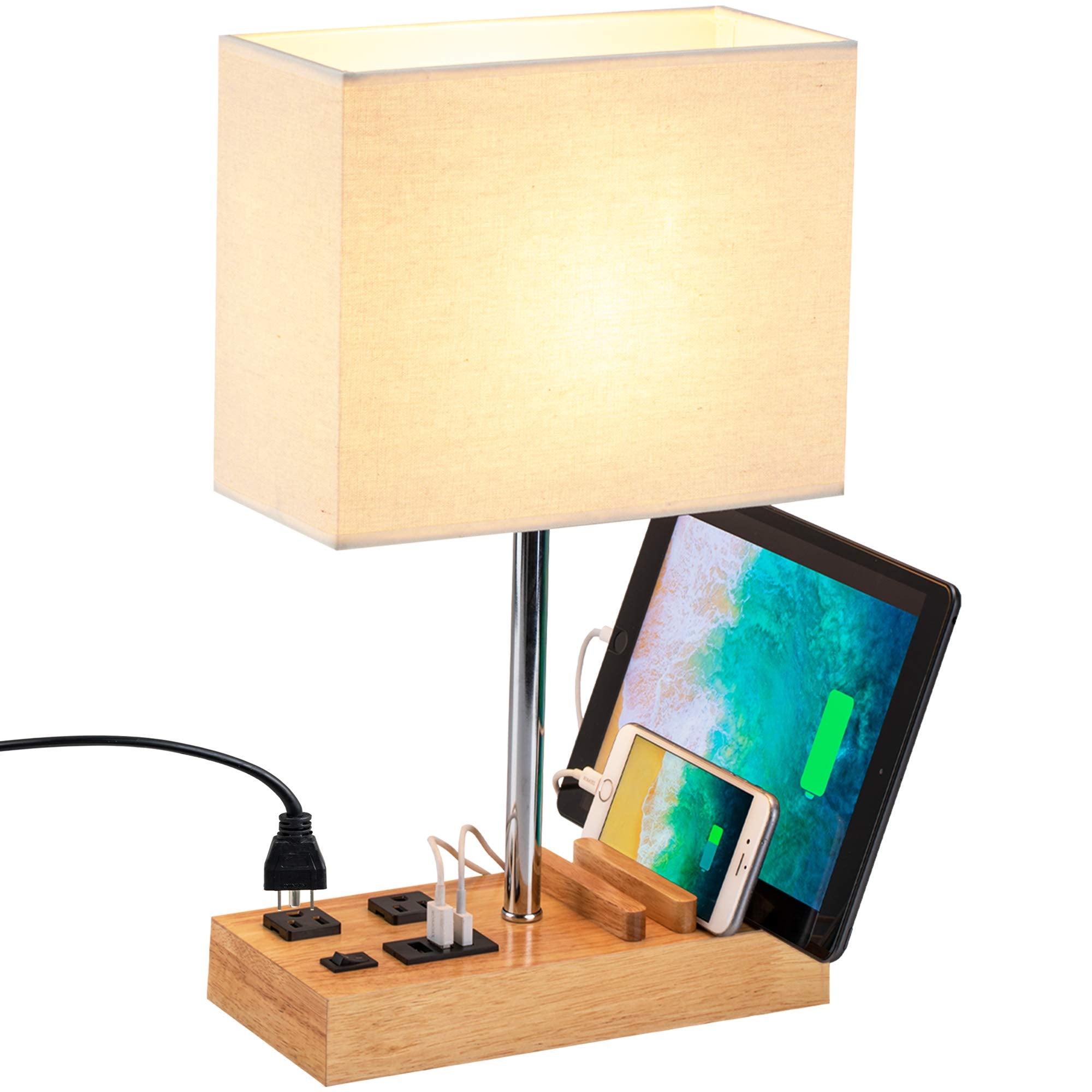 Dreamholder Desk Lamp with 3 USB Charging Ports, 2 AC Outlets, Natural Wood Base, Model DH9019W