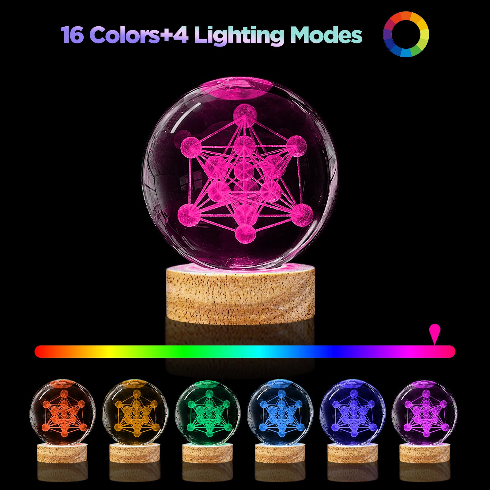 PYMIN3D 3D Metatron's Cube Crystal Ball Lamp, 16 Color Remote Control, 3.15in K9 Crystal with Wooden Base, Perfect Night Light Gift for Kids
