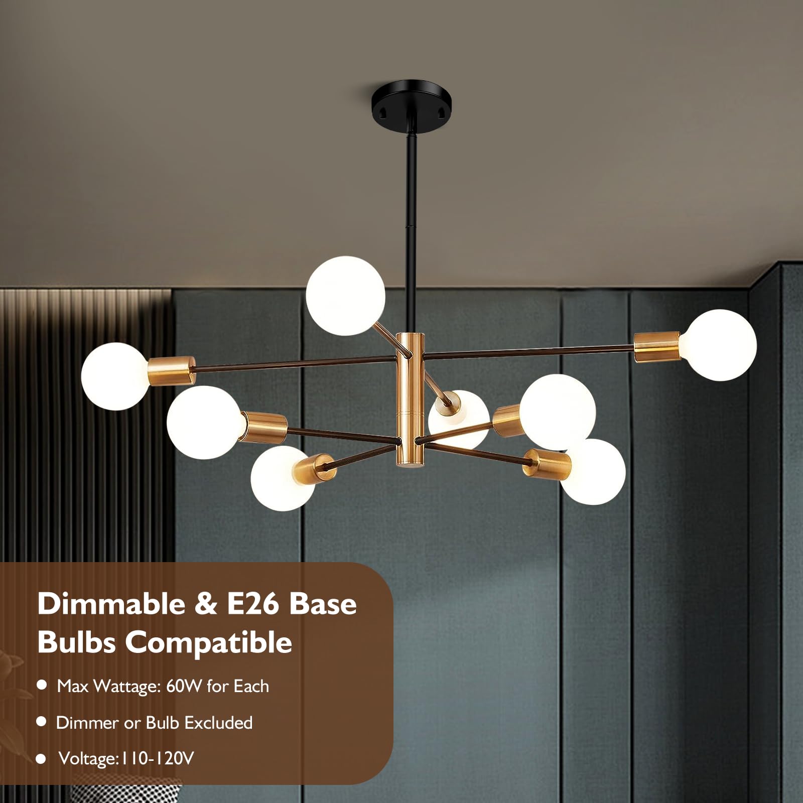 Sheetea 8-Light Sputnik Chandelier, Black & Gold Metal Pendant Light Fixture, Modern Farmhouse, Height Adjustable, Model D6113-08-GDBK