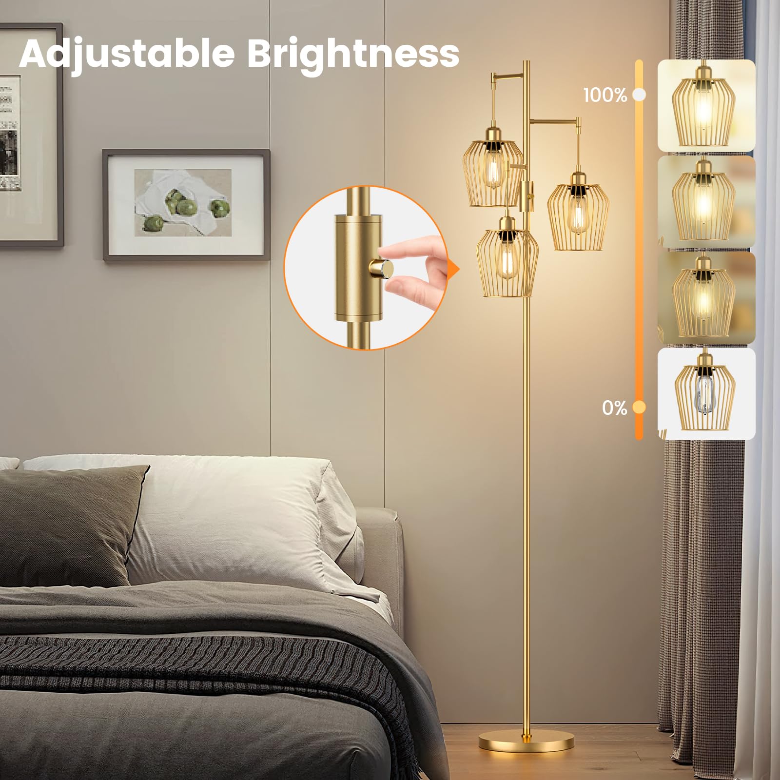 SIBRILLE Dimmable Floor Lamp, Industrial Style with Cage, 3 x 1000LM LED Bulbs, Black, Model BP-F033