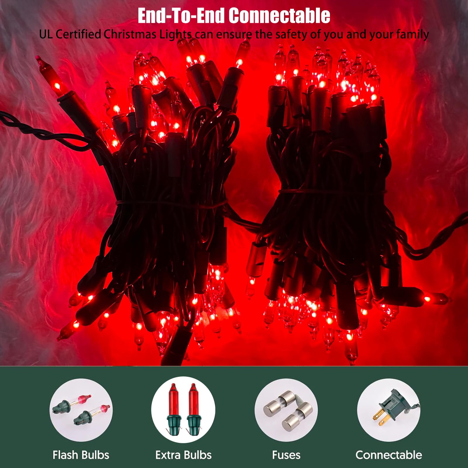 HISHINY Christmas Lights 100 Count Red String Lights 21ft Green Wire UL Certified for Indoor Outdoor Decorations