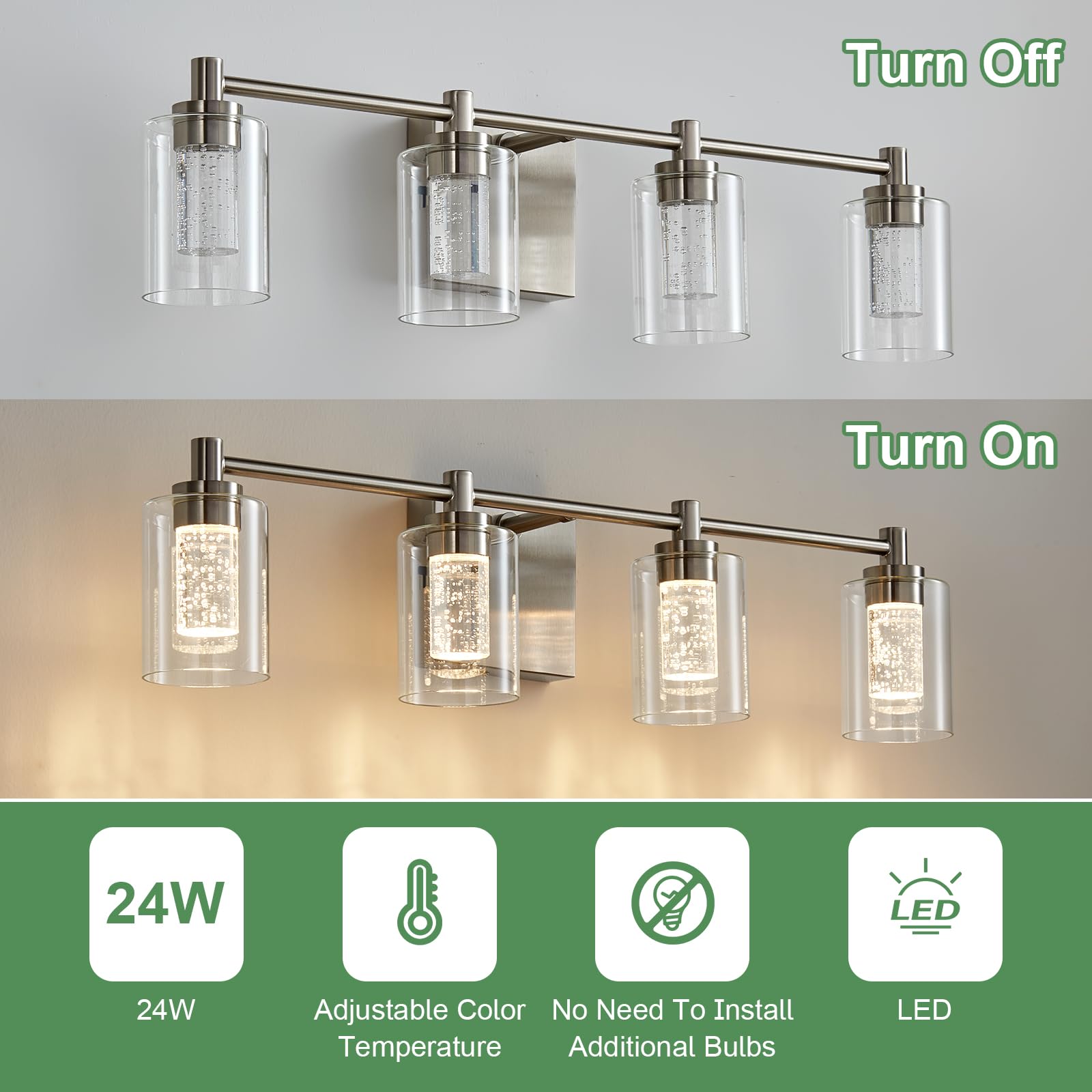 4 Lights Bathroom Vanity Light Fixtures, Brushed Nickel Modern Bathroom Wall Lighting With Clear Glass Shade, Crystal Wall Light