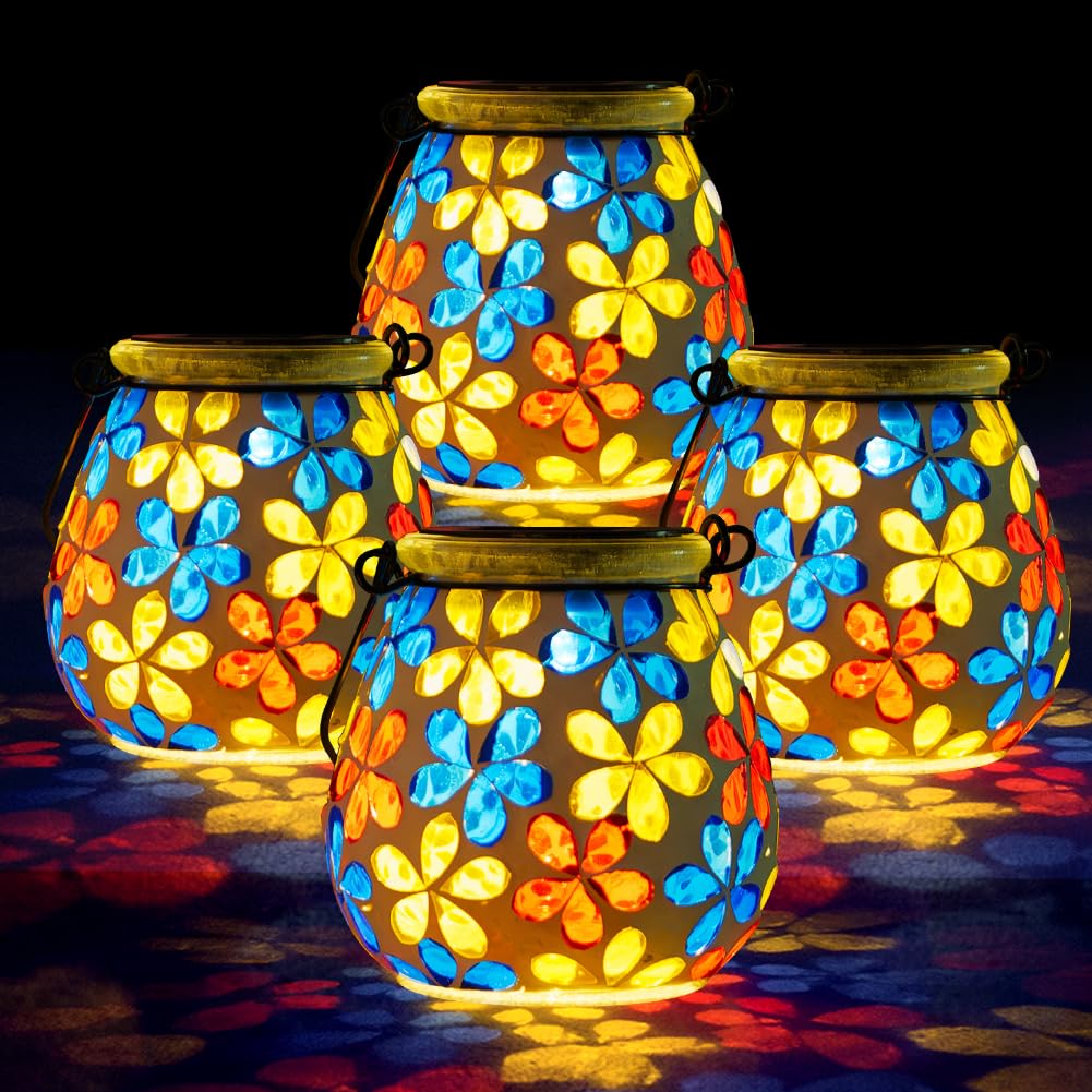 Stargarden 4Pack Mosaic Solar Lanterns, Glass Hanging Lantern Waterproof Outdoor Haning Lights Flower Decorative Table Lamp for 