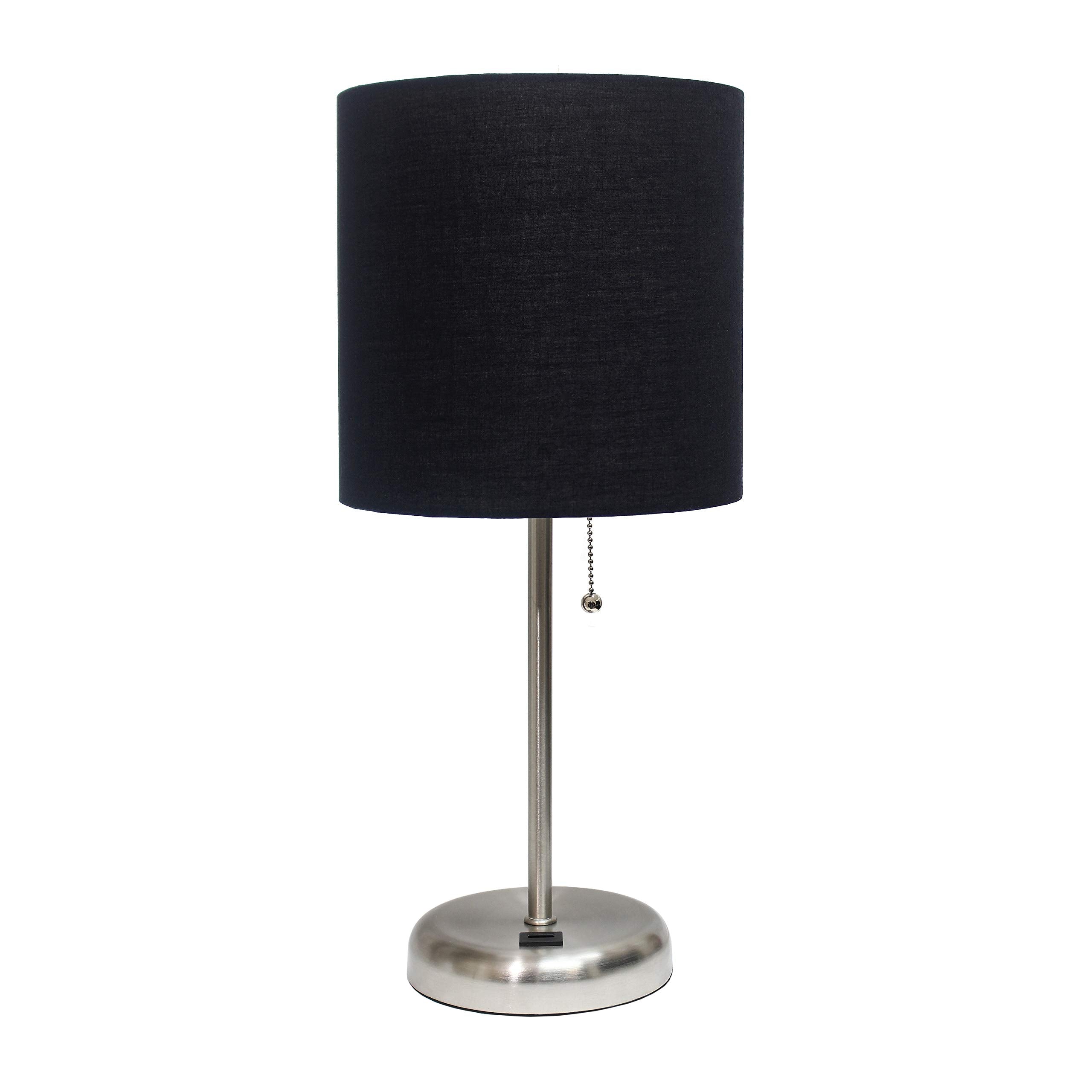 Simple Designs Lt2044-Blk Brushed Steel Stick Table Desk Lamp With Usb Charging Port And Drum Fabric Shade, Black Shade