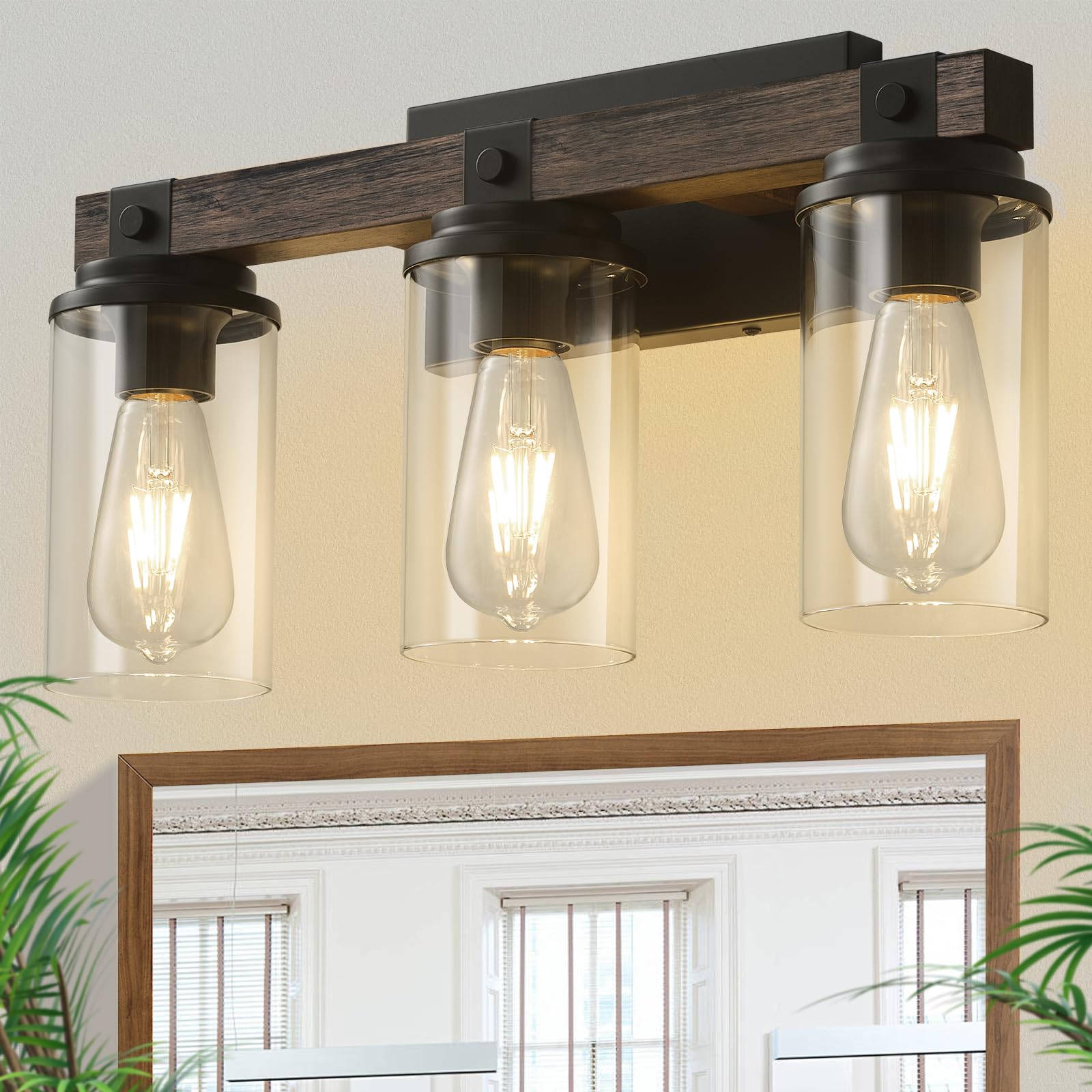 Goyeel 3-Light Bathroom Vanity Light, Rustic Wooden Farmhouse Sconces For Mirror, Matte Black