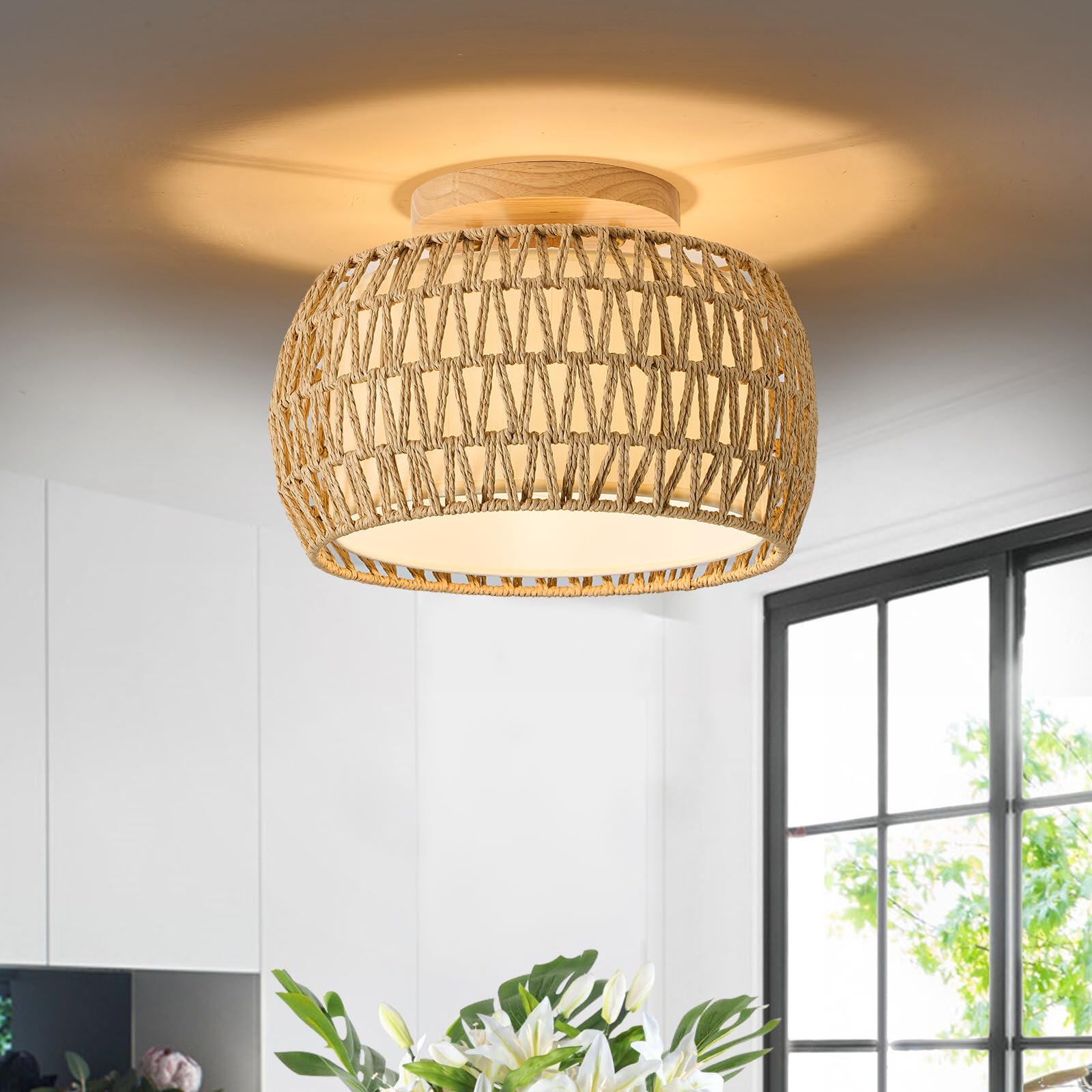Alaislyc Boho Rattan Flush Mount Ceiling Light 12&quot; Rustic Wicker Fixture For Home Décor