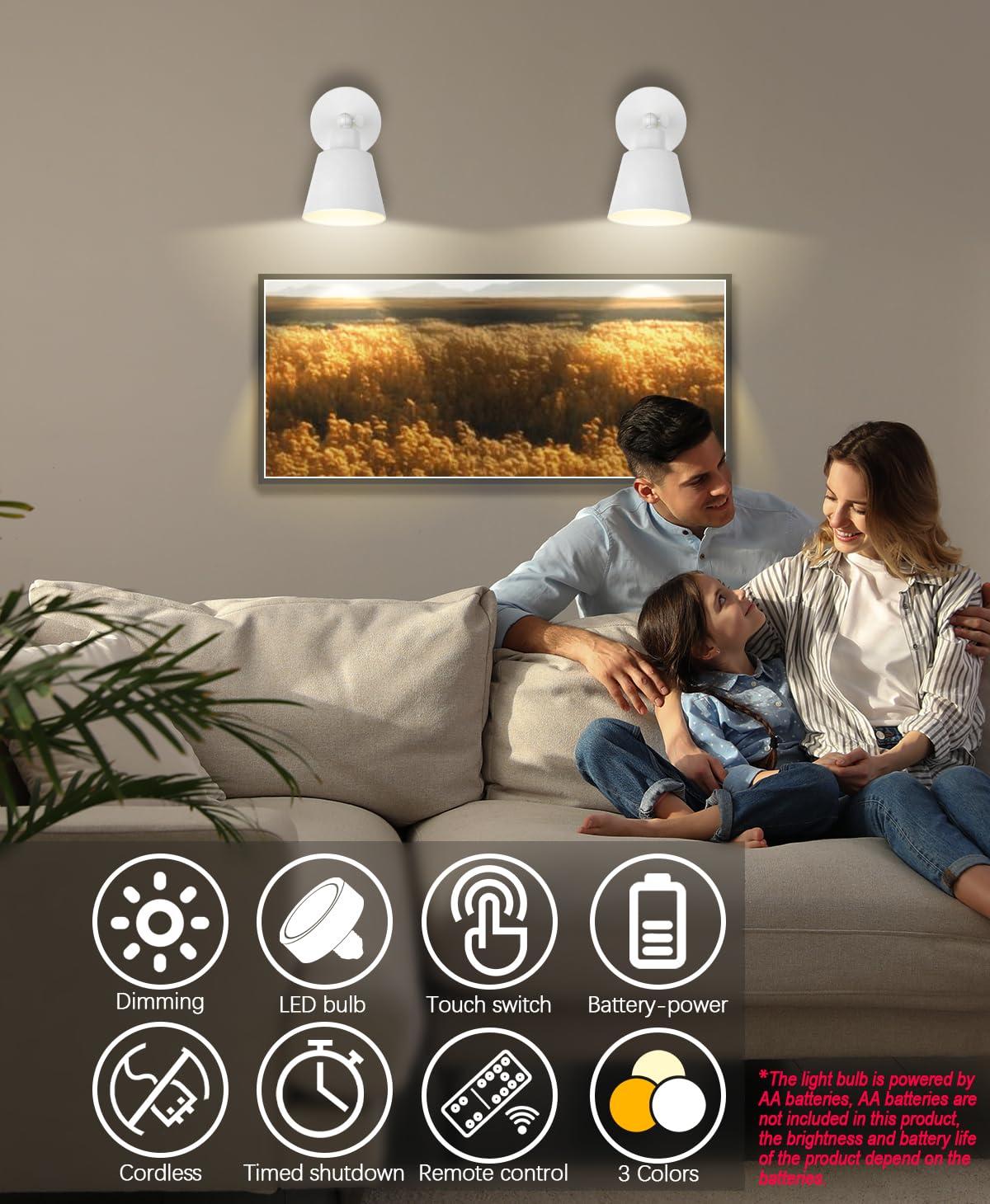 Bimean White Battery Operated Wall Sconce Set Of 3, Easy To Install Wireless Lights For Wall, Remote Control Dimmable Led Lights