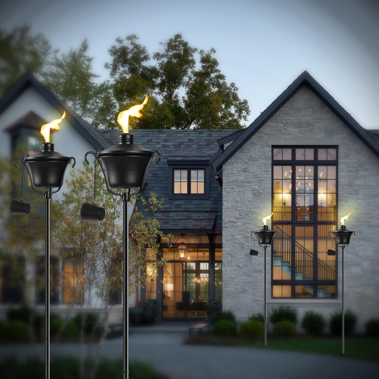 Falbawr Citronella Torches Set Of 6, 3-Prong Grounded Stake Outdoor Torches ,14.5 Oz Garden Torches For Outside, 58 Inch Outdoor