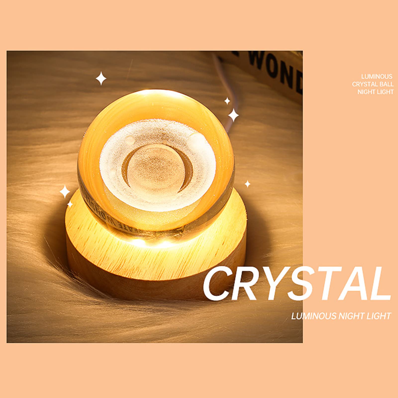 DNIEBW Saturn Crystal Ball Night Light, 8cm Decorative Quartz Glass with Wooden Stand, Home Decor Gift for Father's Day, Valentine's Day