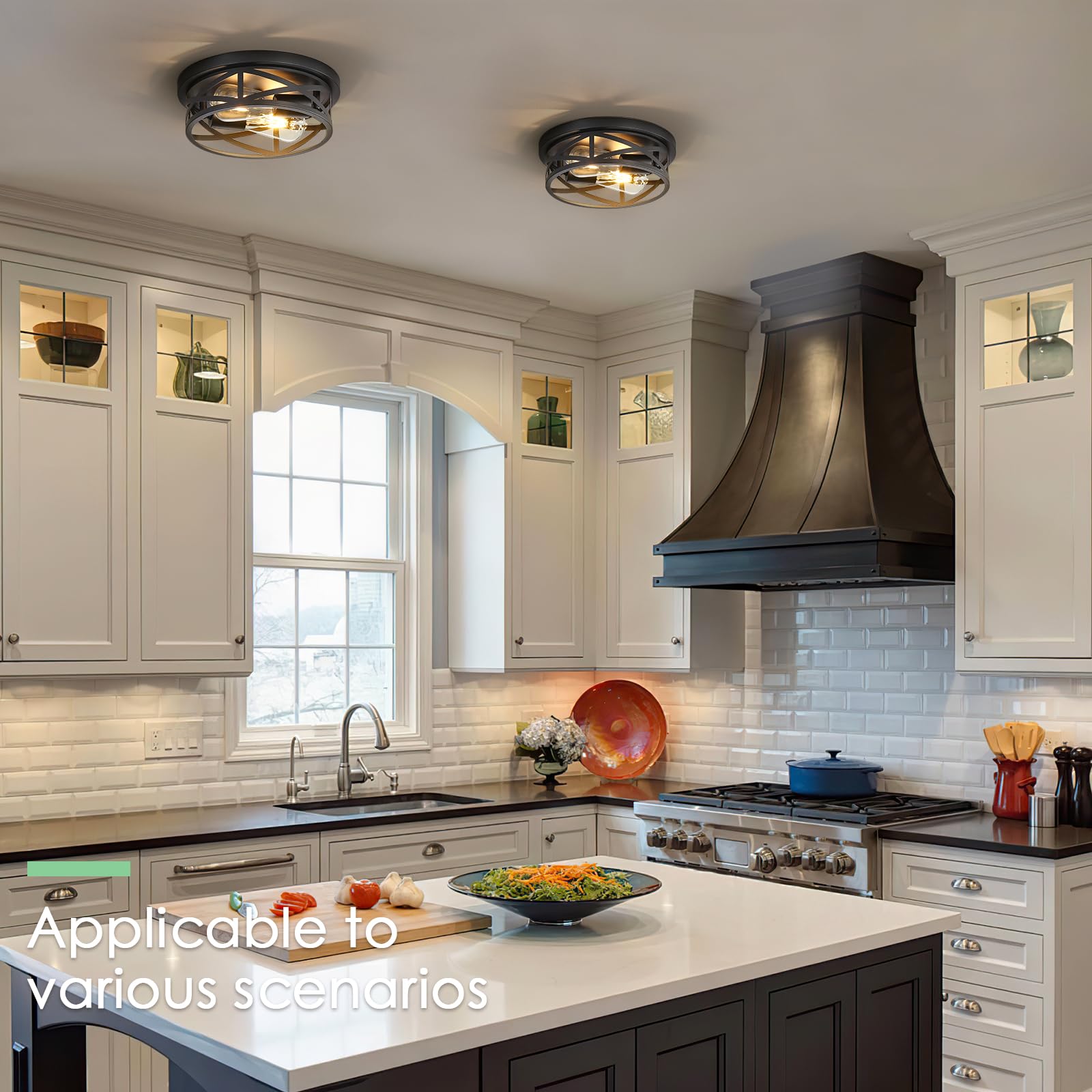 Youroke Farmhouse Flush Mount Ceiling Light Fixtures, Industrial Close To Ceiling Light 2-Lights, 11 Inch Metal Black Cage Rusti