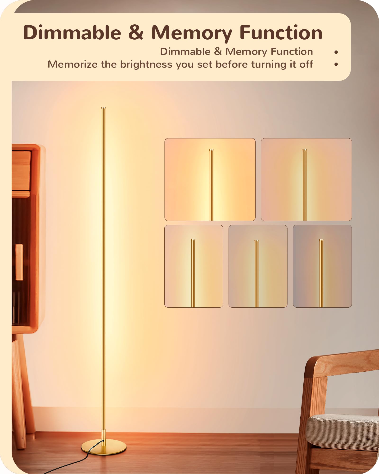 EDISHINE LED Corner Floor Lamp Set of 2, 57.5" Tall, Dimmable with Remote, 7 Color Temperatures, Gold, Model HFLCB2A