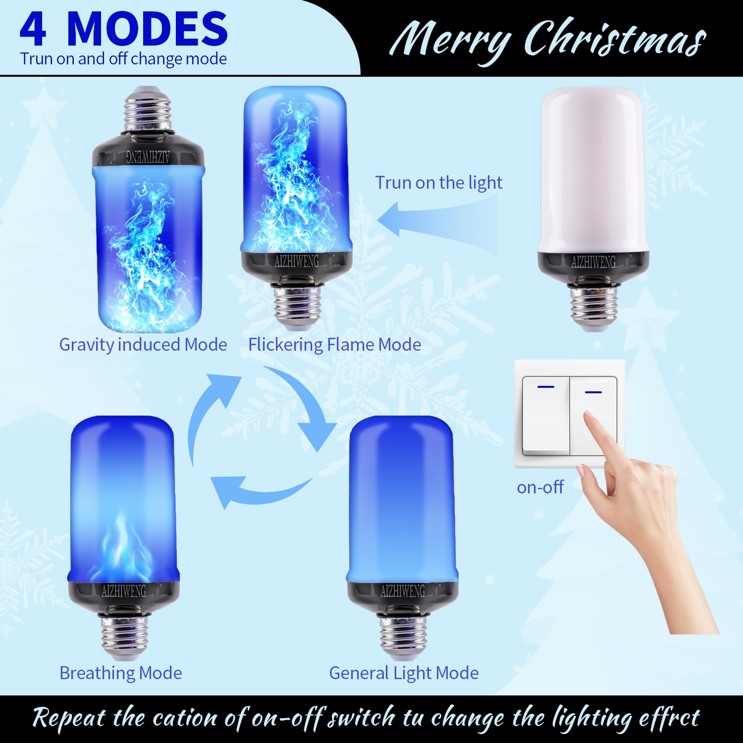 AIZHIWENG LED Flame Bulbs, E26 Blue, 2 Pack, 4 Modes, Flickering, ABS Material, Model EVP-5492L