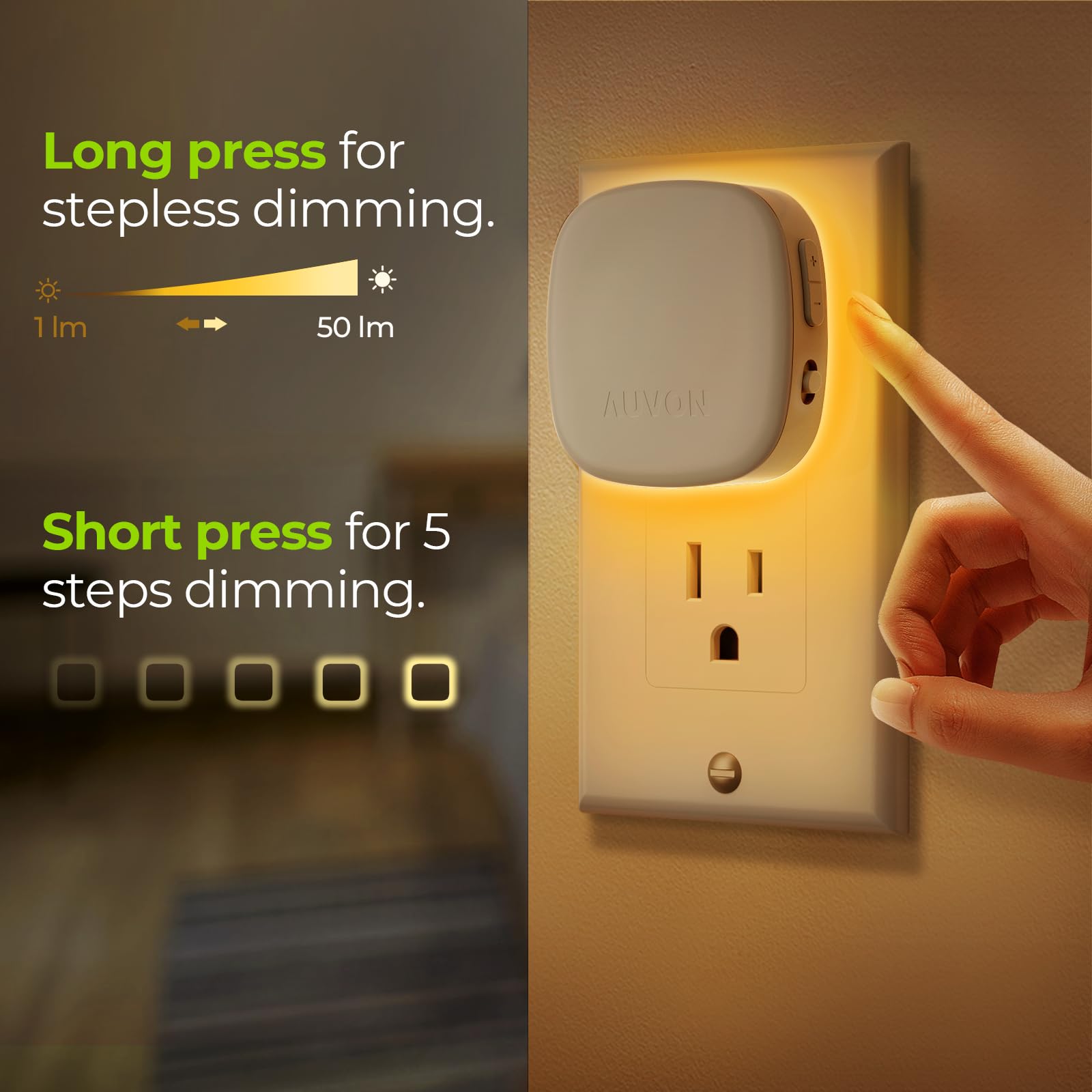 AUVON LED Night Light with Motion Sensor, Dimmable Amber, 1-50 lm Brightness, Plug-in, 4 Pack