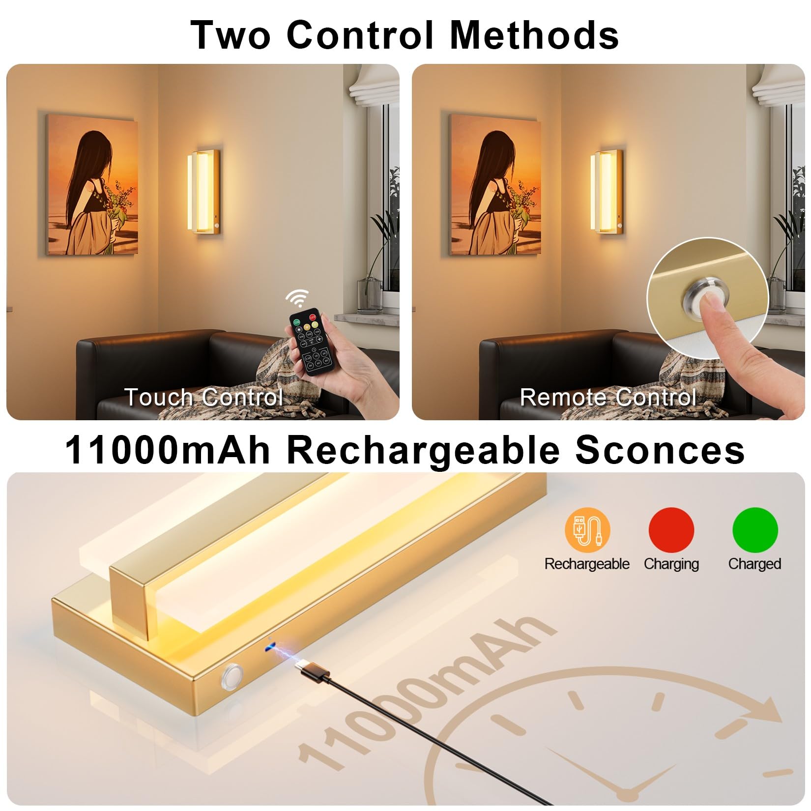 Aoceley USB-C Rechargeable LED Wall Sconce with Remote, Dimmable Touch Light, Gold, Model 8009, Indoor Use