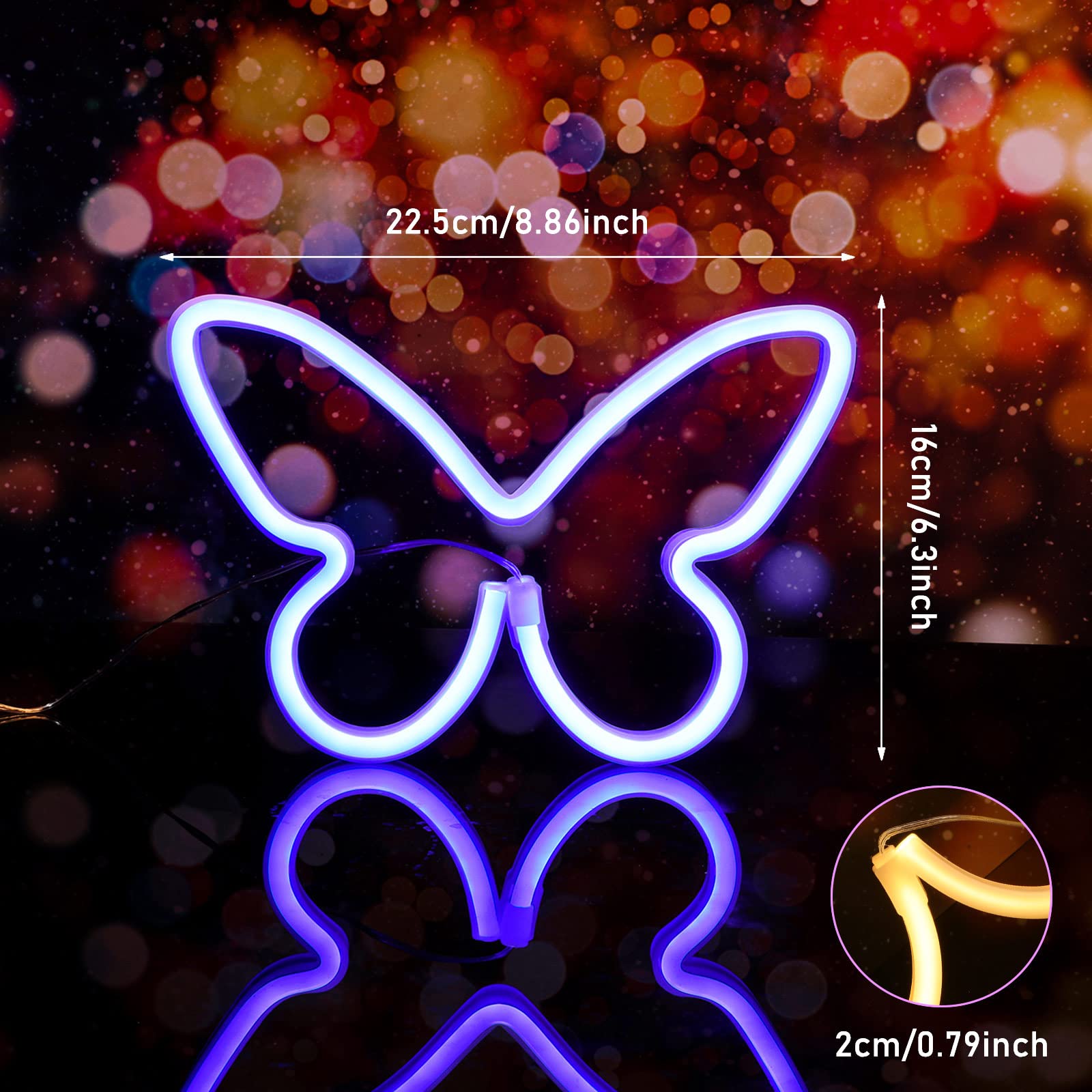 Riakrum Butterfly LED Neon Light Decor - 2 Pcs, USB & Battery Operated, Blue & Warm White, Model Riakrum-Signs Butterfly LED Light-026