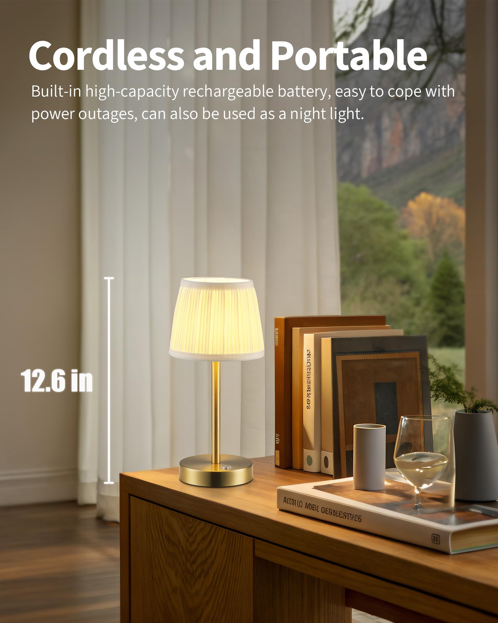 Pusu 2 Pack Cordless Led Gold Table Lamps  Rechargeable 4000Mah 3 Way Dimmable Bedside Small Lamp With Fabric Shade  Lighting For Bedroom  Kids Room  Bathroom  Kitchen  Decor  Gift  Night Light