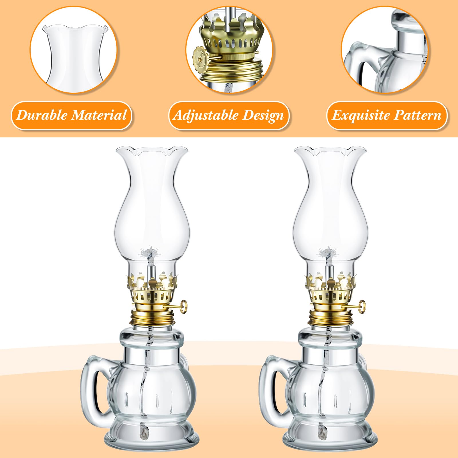 Yexiya Rustic Oil Lamp Lantern - Vintage Glass Kerosene Lamp with Extra Wick, Clear, 2 Pieces for Indoor Home Decor Lighting