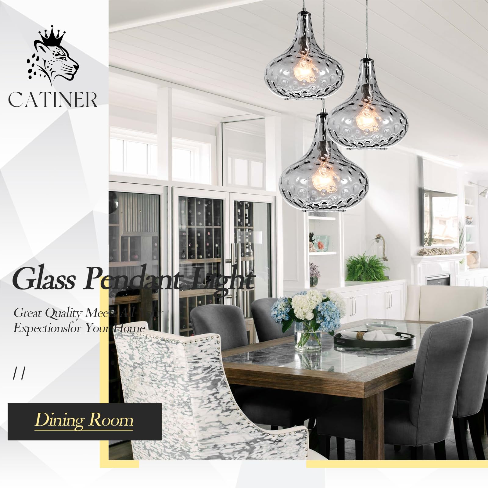 Catiner 11 Smoked Hammered Glass Pendant Light - Blown Glass Ceiling Fixture With Brushed Nickel Finish  Modern Industrial Lighting For Kitchen Island  Dining Room  Hallway  Living Room
