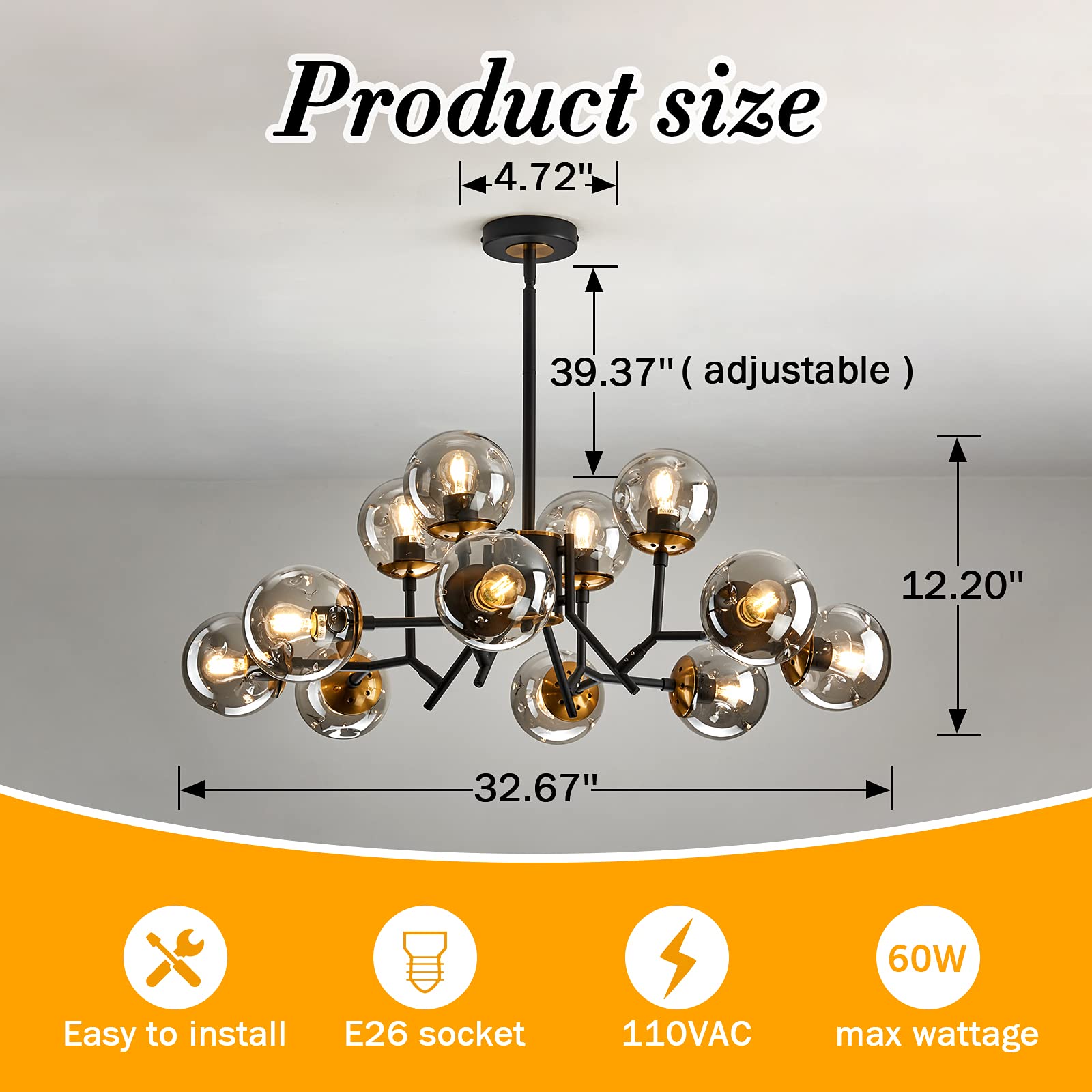 UOFUS 12-Light Glass Globe Sputnik Chandelier, Mid-Century Modern, Matte Black & Gold, Vintage Pendant Light for Bedroom, Living Room, Kitchen