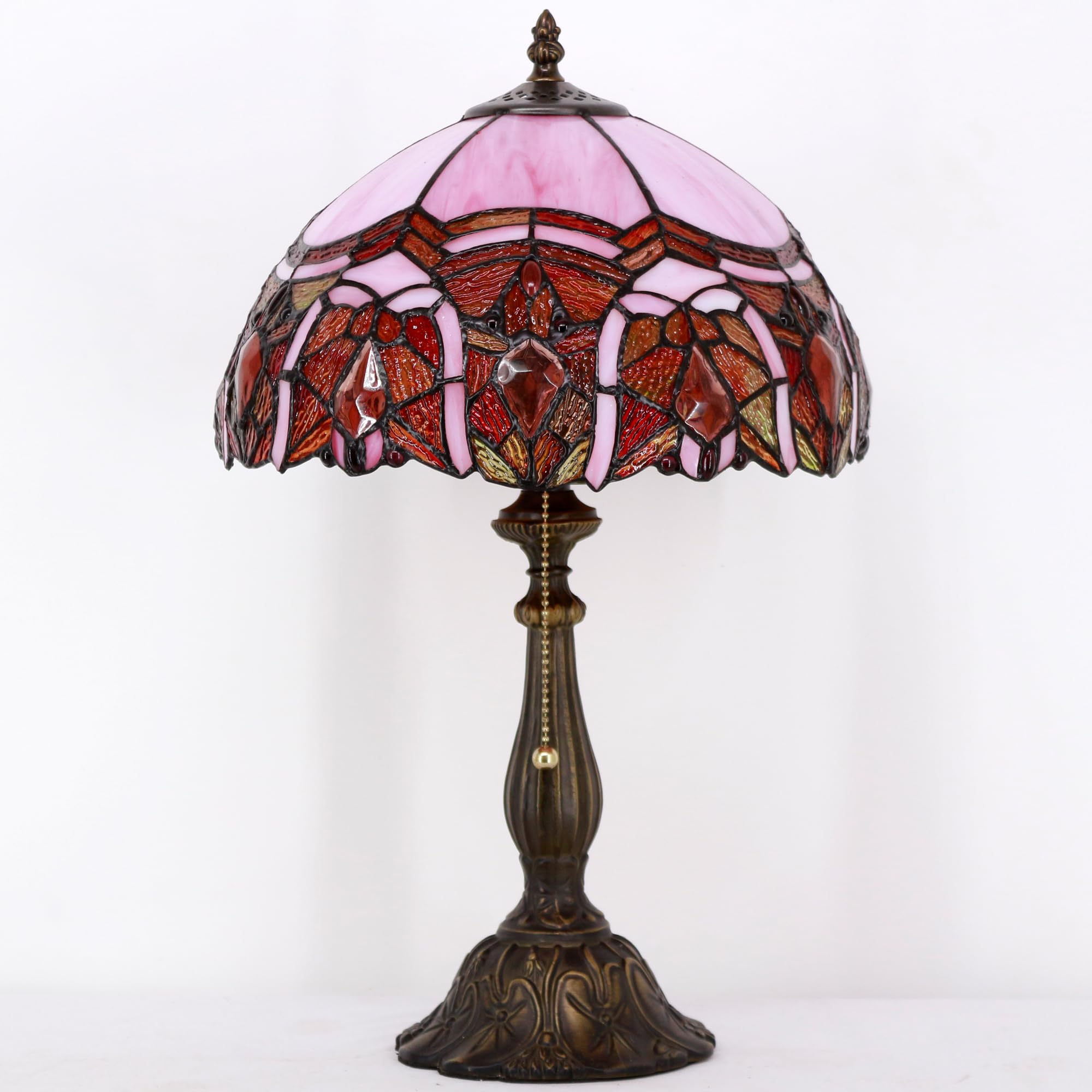 Zjart Tiffany Table Lamp Stained Glass Lamp 12X12X19 Inch Antique Reading Light (Pink Jewelry)