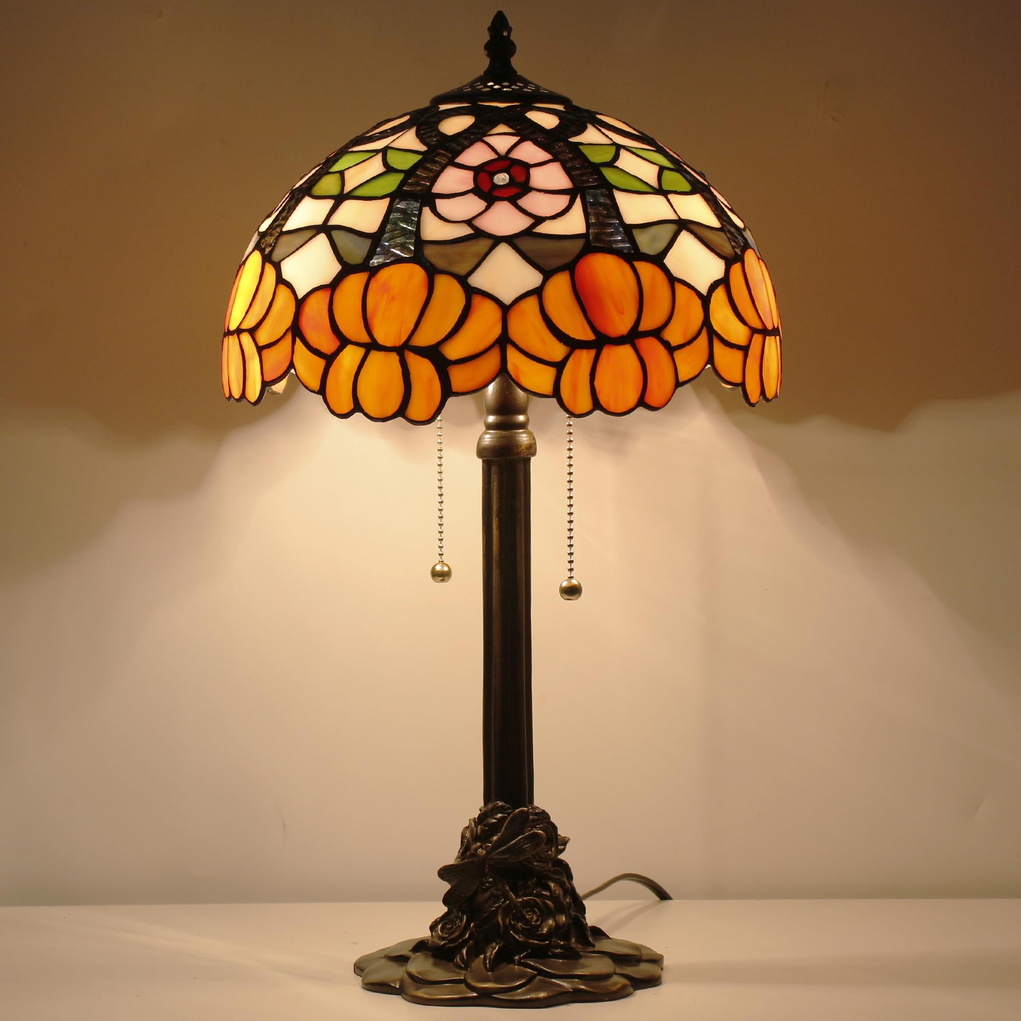 ANYONGLU Tiffany Table Lamp Stained Glass Desk Lamp 12X12X21Inch Resin Base for Bedroom Living Room Reading Light (Orange Flower