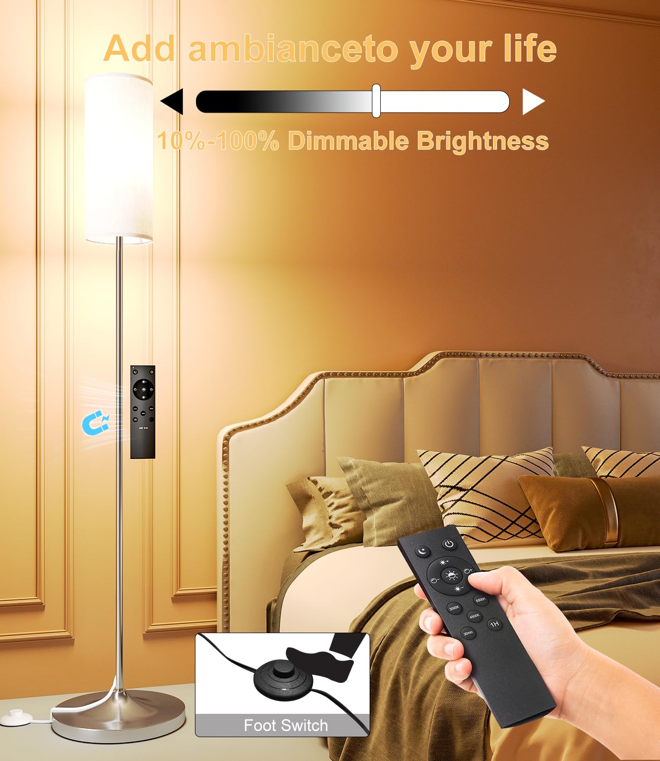 Luckystyle Led Floor Lamp For Living Room, Dimmable Standing Lamps With Foot Switch,Remote Custom Color Temperature Silver Pole