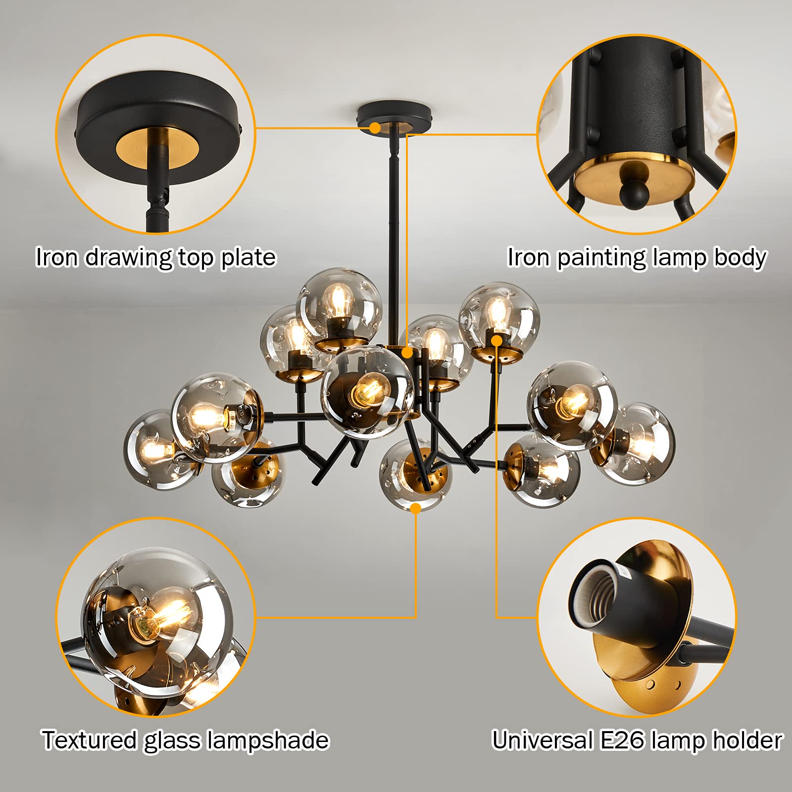 UOFUS 12-Light Glass Globe Sputnik Chandelier, Mid-Century Modern, Matte Black & Gold, Vintage Pendant Light for Bedroom, Living Room, Kitchen