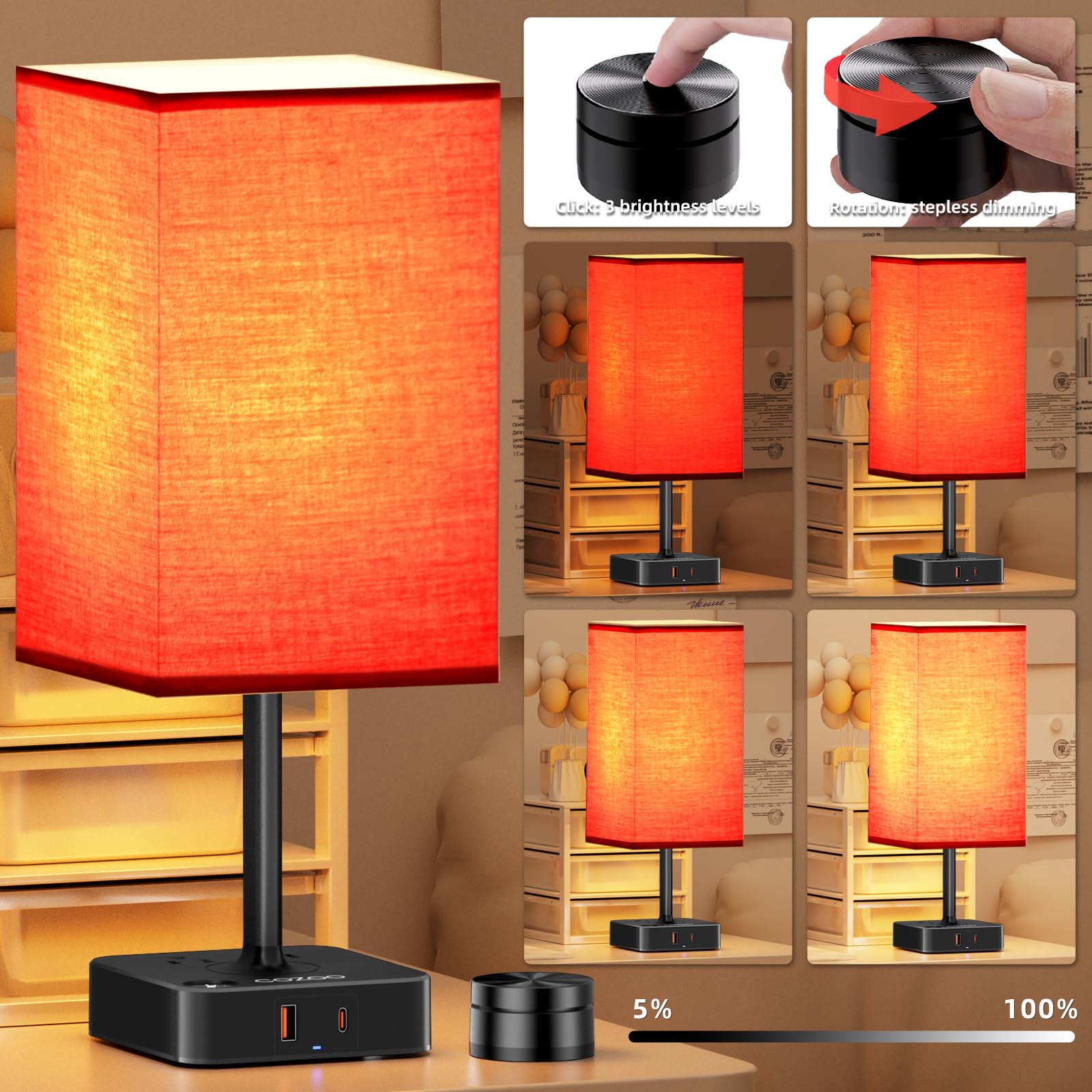 Bedroom Table Lamp With Remote Operation Control,Dimmable Bedside Table Desk Light With Usb C+A Charging Ports 2 Ac Outlets,Nigh