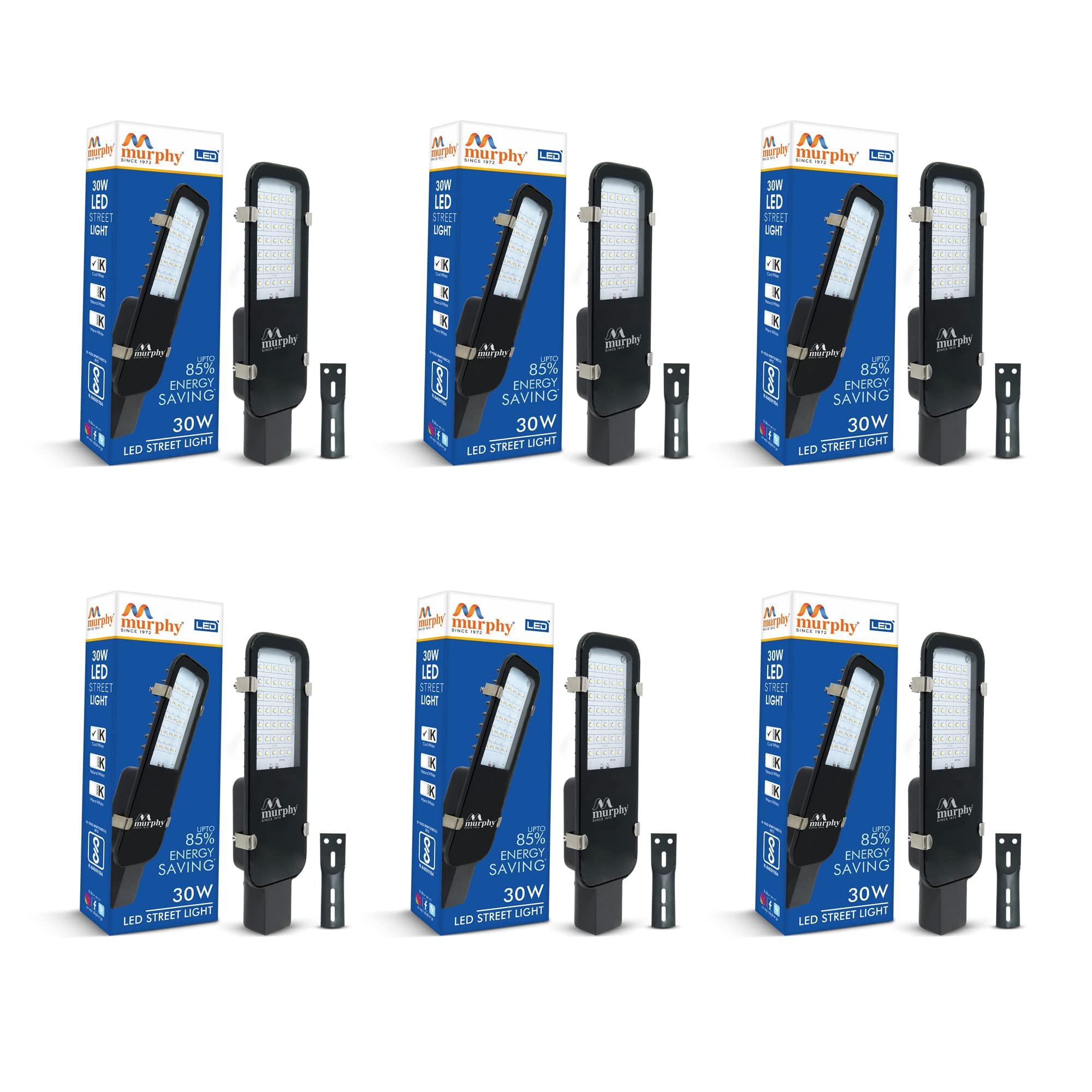 Murphy LED 30W IP-65 BIS Approved Waterproof Outdoor Street Light, Cool White, Pack of 6