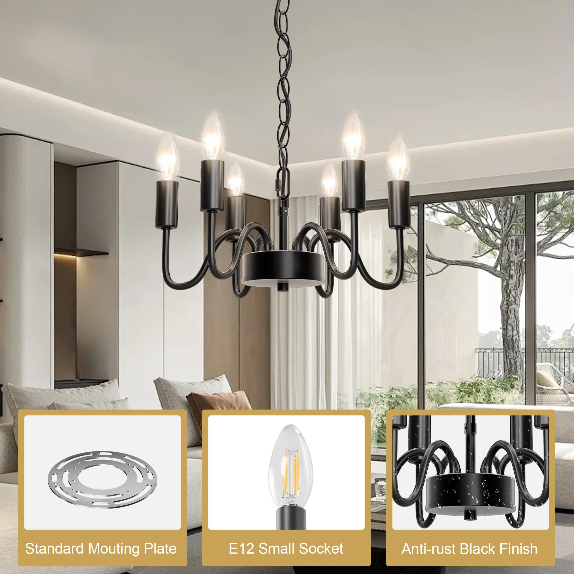 hansang Black 6-Light Farmhouse Chandelier, 47" Adjustable Rope Fixture, E12 Base, Modern Candle Design for Dining Room or Bedroom