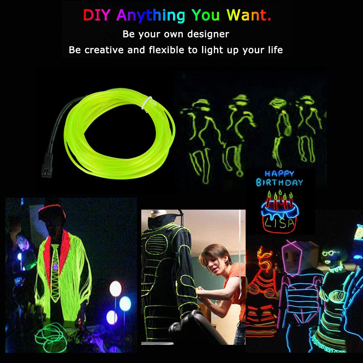Jiguoor El Wire Battery Pack 9.8Ft / 3M Bright Neon Light Strip 360° Illumination Neon Tube Rope Lights For Diy, Festival, Party Decoration, Pub, Halloween, Chrismas (9.8Ft / 3M , Fluorescent Green)
