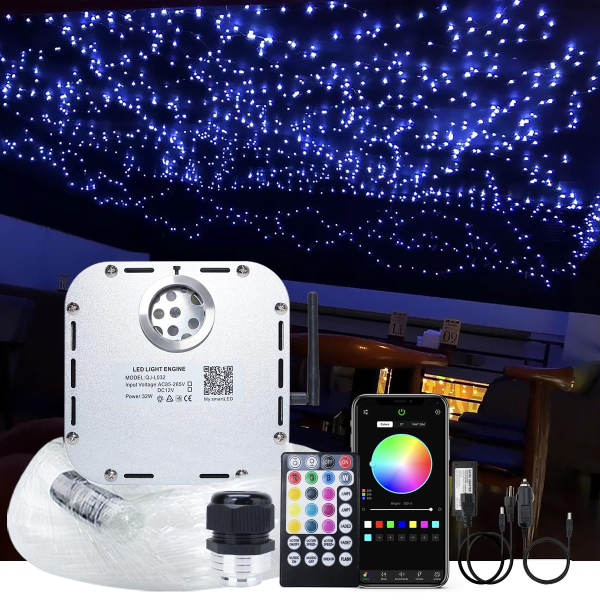 AKEPO Car Home Use 32W RGBW Twinkle+ Sound Activated+ APP Fiber Optic Lights Kit Star Ceiling Sky Light with Total 800pcs in 13.