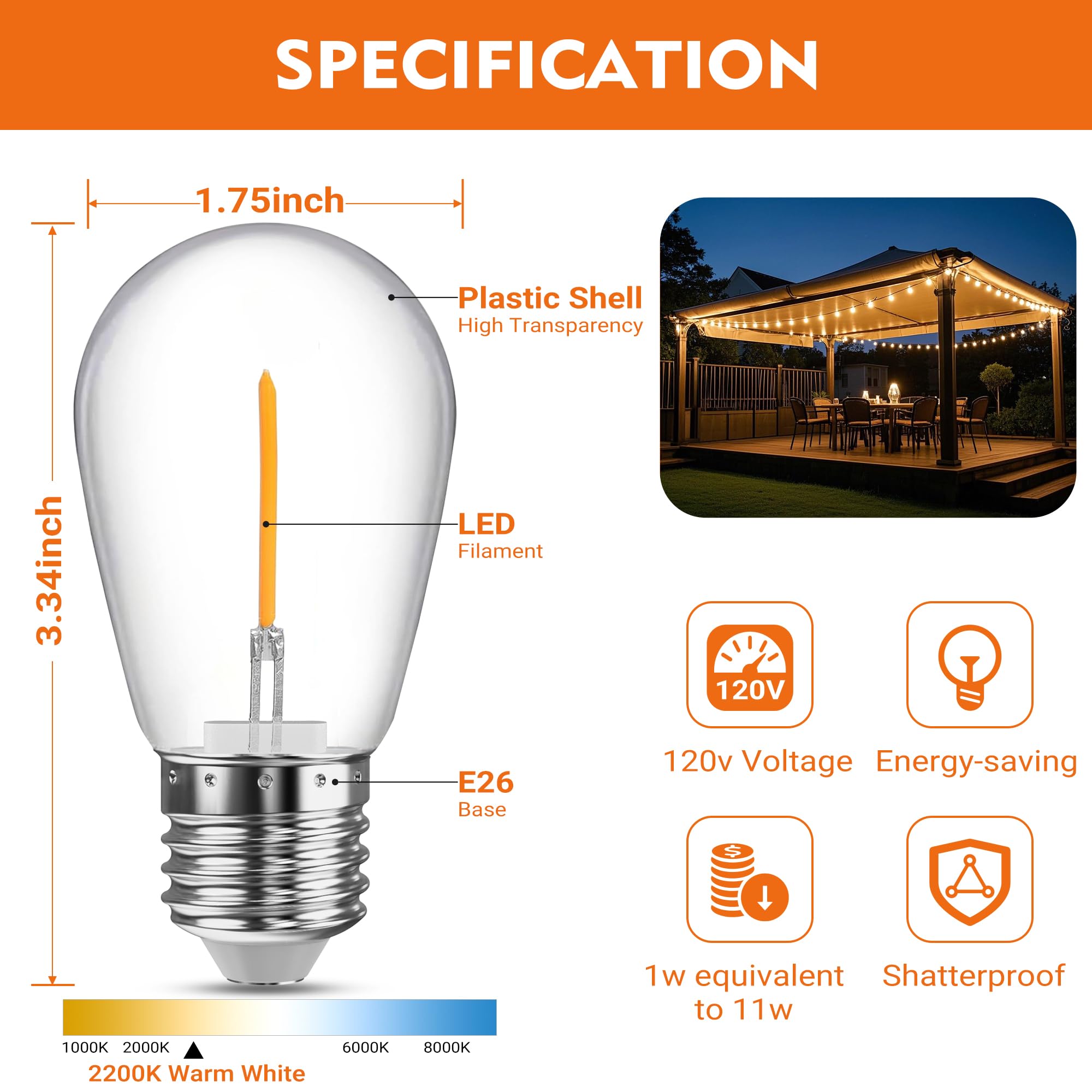 Volivo 30 Pack Led S14 Replacement Light Bulbs,1 Watt Shatterproof & Waterproof For Outdoor String Lights, Warm White Edison Vin