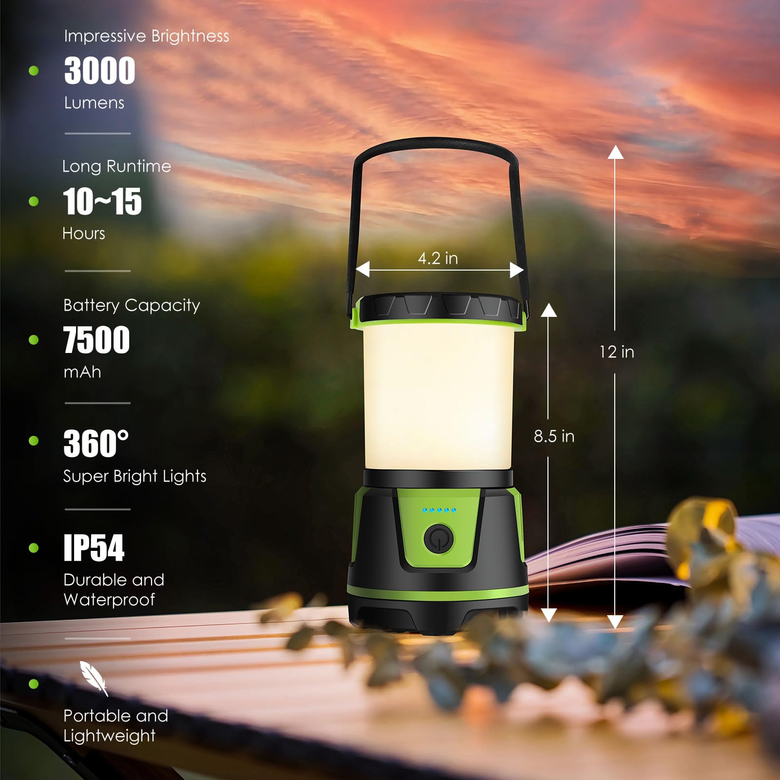 Cullaby Rechargeable Camping Lantern 3000 Lumens, IP54 Waterproof, 7500mAh Battery, Green, Model CAMP-0001