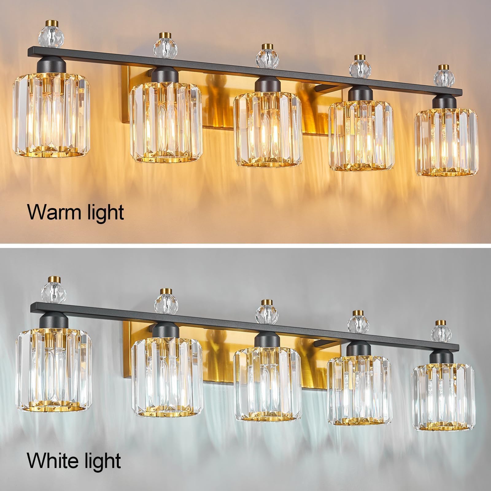 FDPBY 5-Light Black Gold Crystal Bathroom Vanity Light Fixtures Model 291 Metal Over Mirror