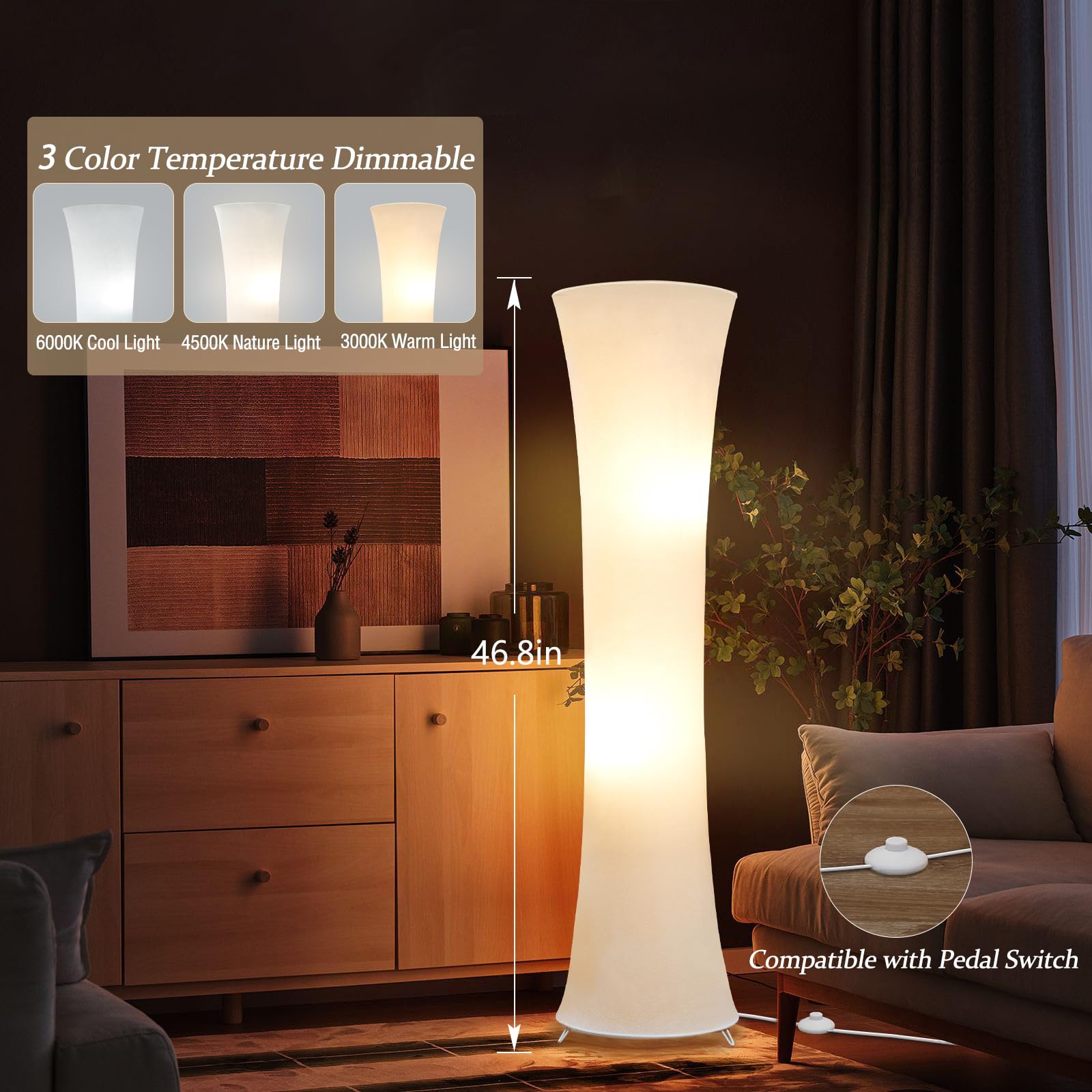 GyroVu 46" Floor Lamp - White Fabric, 3 Color Temperatures, Metal Column Design for Living Room, Bedroom, Office (Model G-1FL-1794)