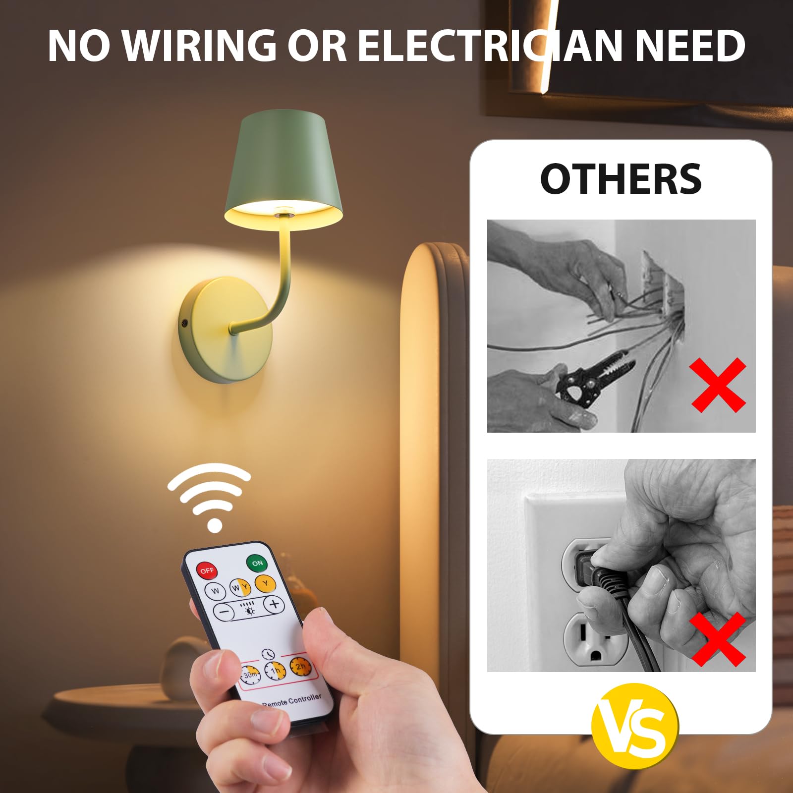 IMQSQIK LED Wall Lamp Set of 2, Rechargeable 5600mAh, Touch Control, Metal, Green-2Pack