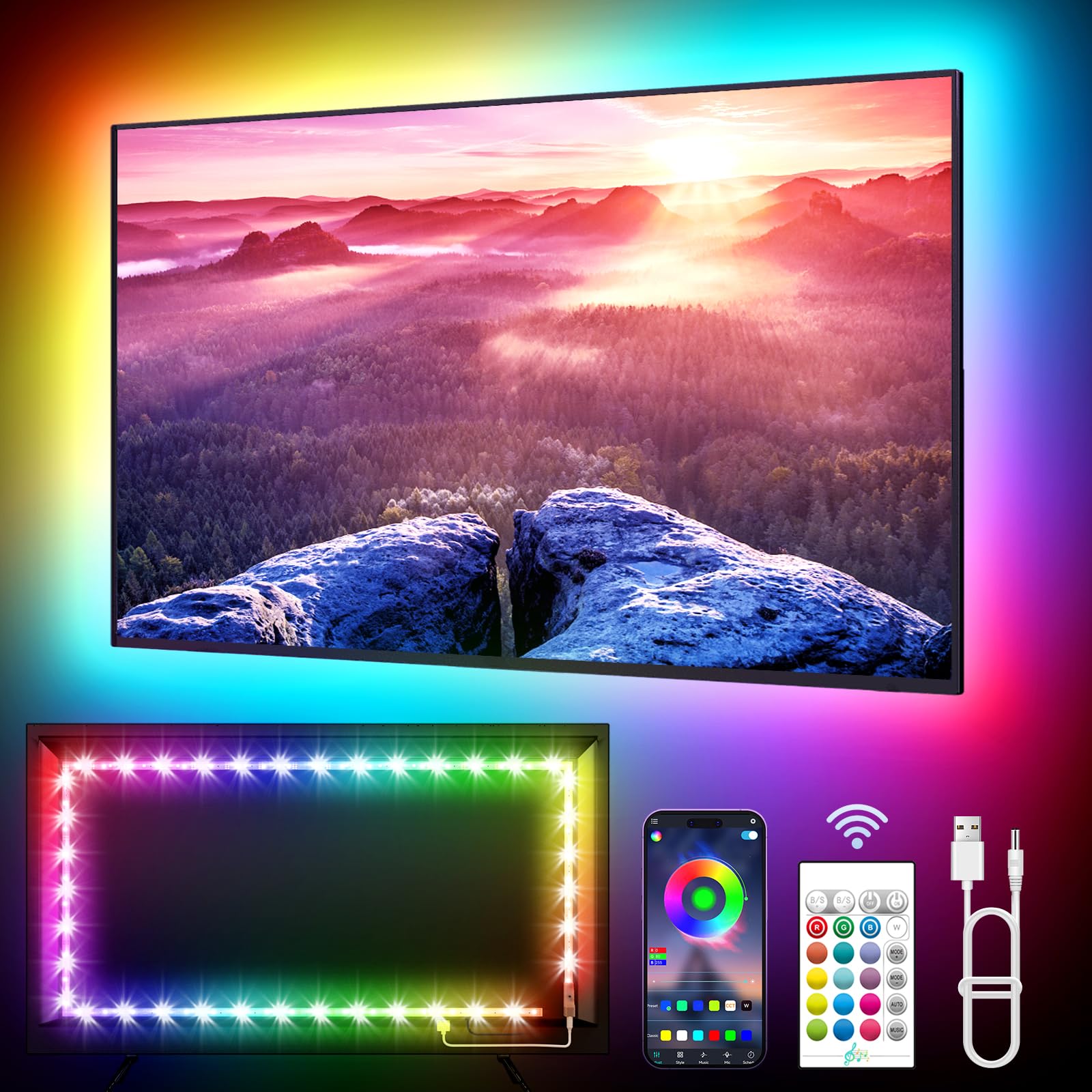 KANTUTOE LED Lights for TV, 23ft LED Backlights for 75-100in TV, RGB TV Backlight with Music Sync Bluetooth APP and Remote Contr