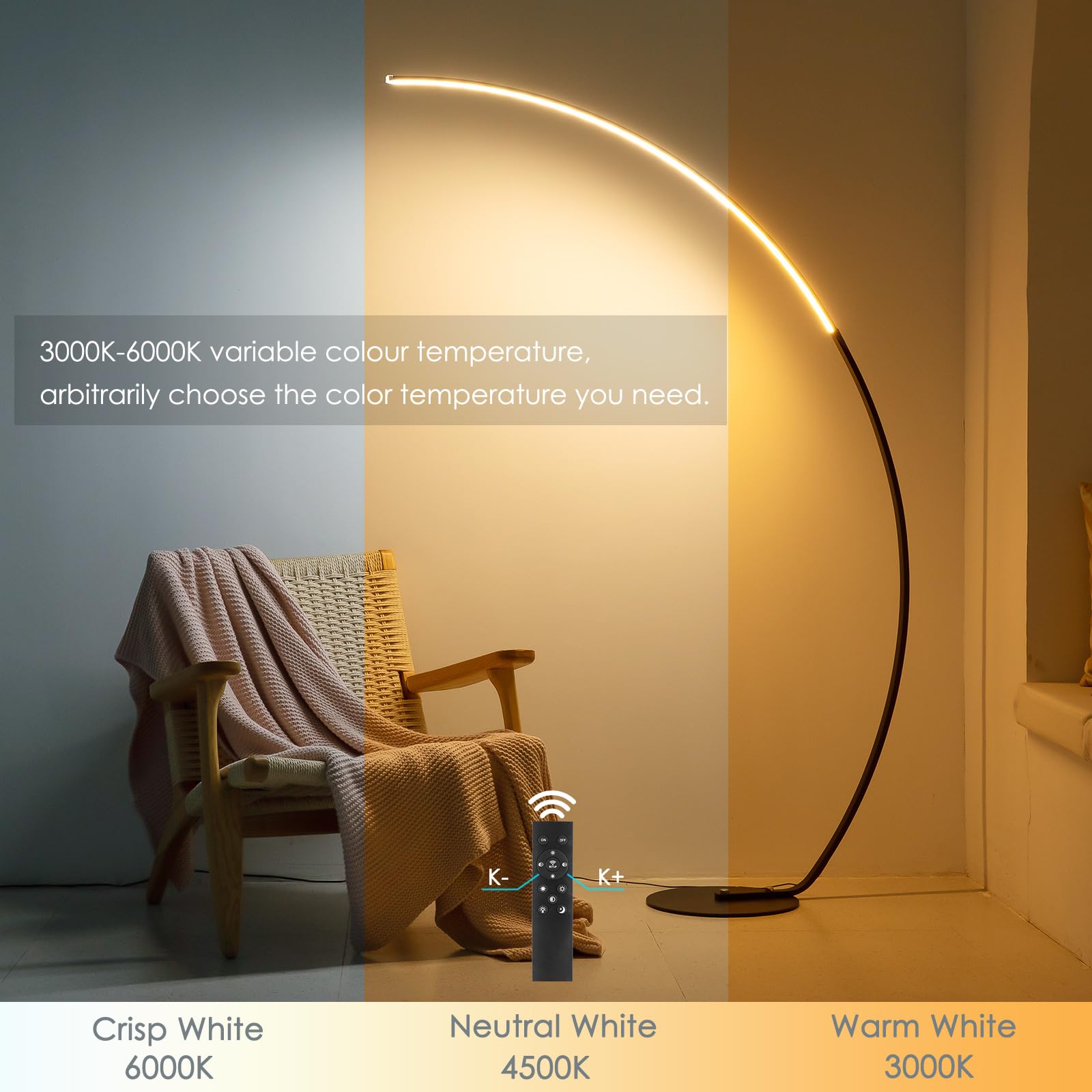 NUÜR Arc Floor Lamp - 67" Tall Black LED with Remote, 3 Color Temperatures, Stepless Dimming for Living Room, Bedroom, Office