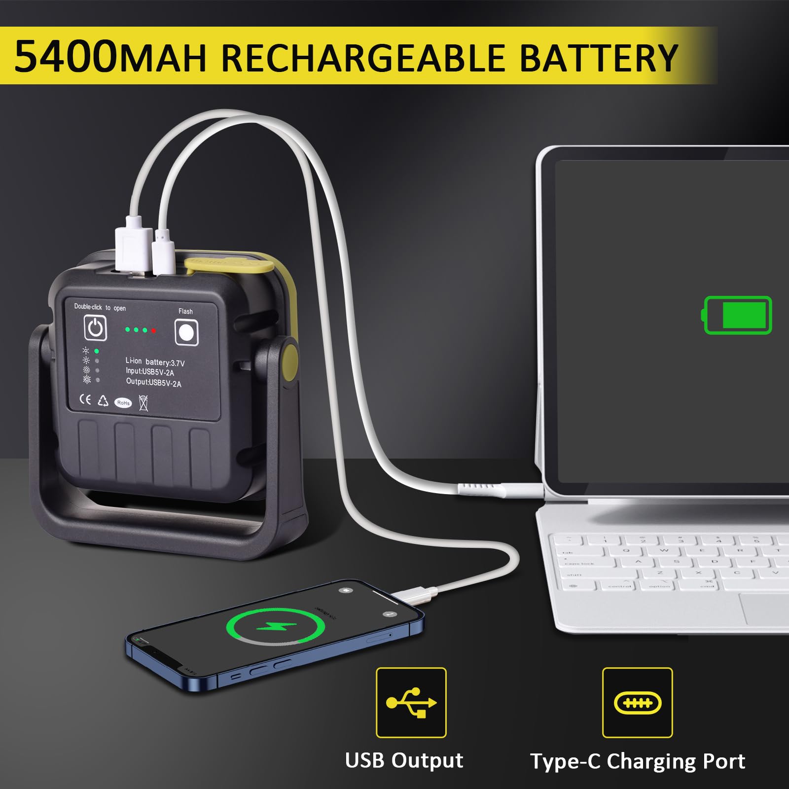 Masmejor 30W Rechargeable LED Work Light - 1500LM, Waterproof, Magnetic Base, 360 Rotating, 7 Modes for Auto Repair, Emergency,