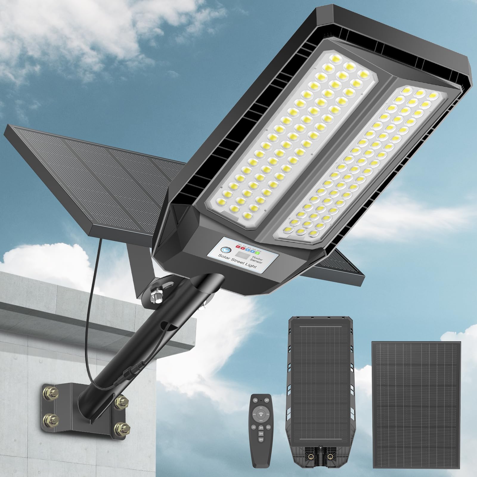 VOOJOY Solar Street Light, 7000K LED, Motion Sensor & Remote, 9000W, Black, Model TW002C
